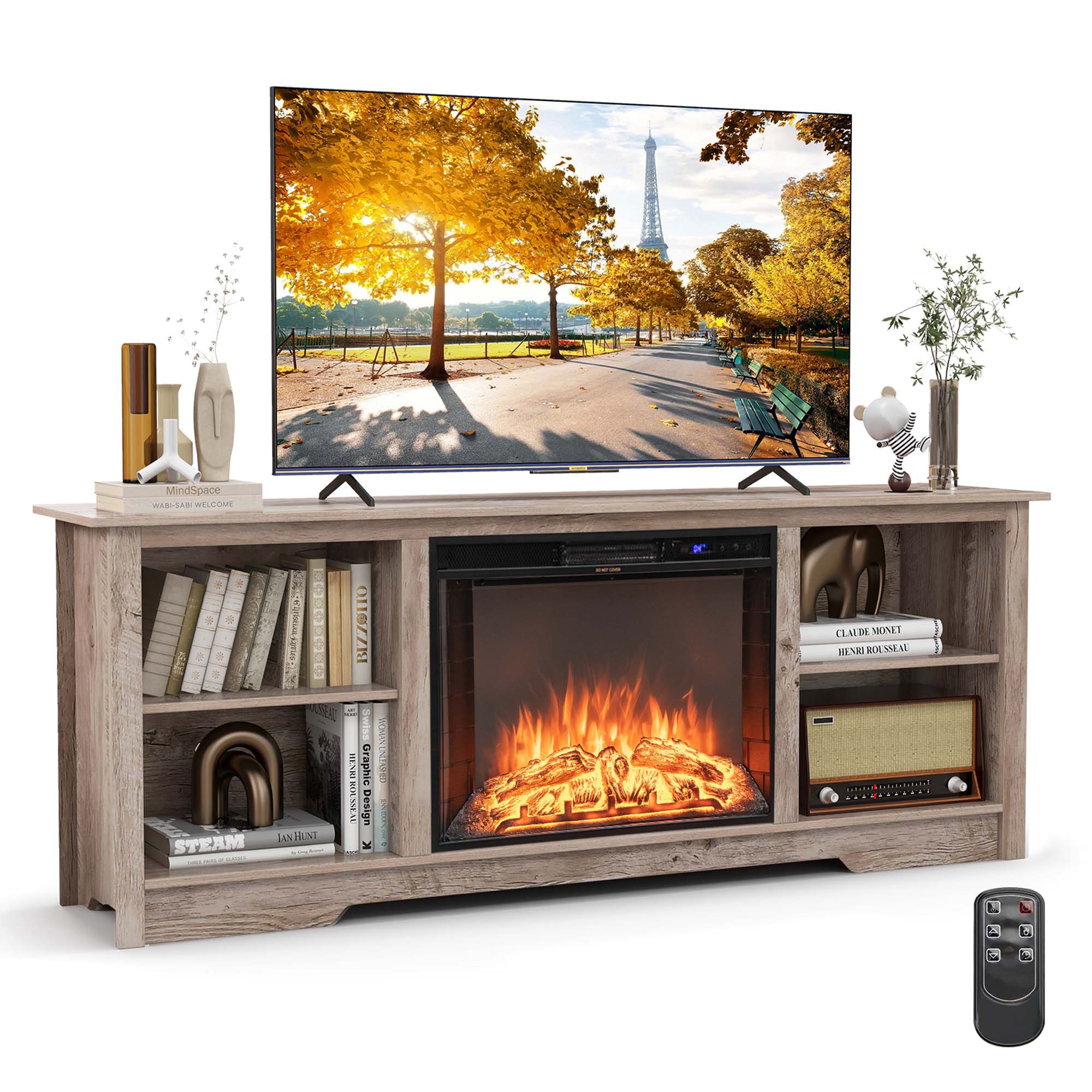 Costway HCST00948 15-Inches W Gray TV Stand with Infrared quartz Flat wall Electric Fireplace with Remote Control Included