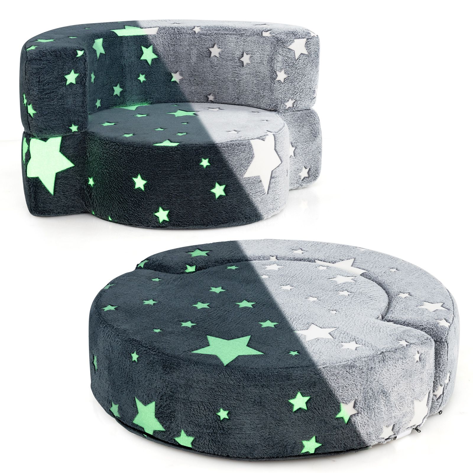 Slickblue - Kids Gray Upholstered Glow Sofa Chair with 2-in-1 Foldable Design for Bedroom or Play...