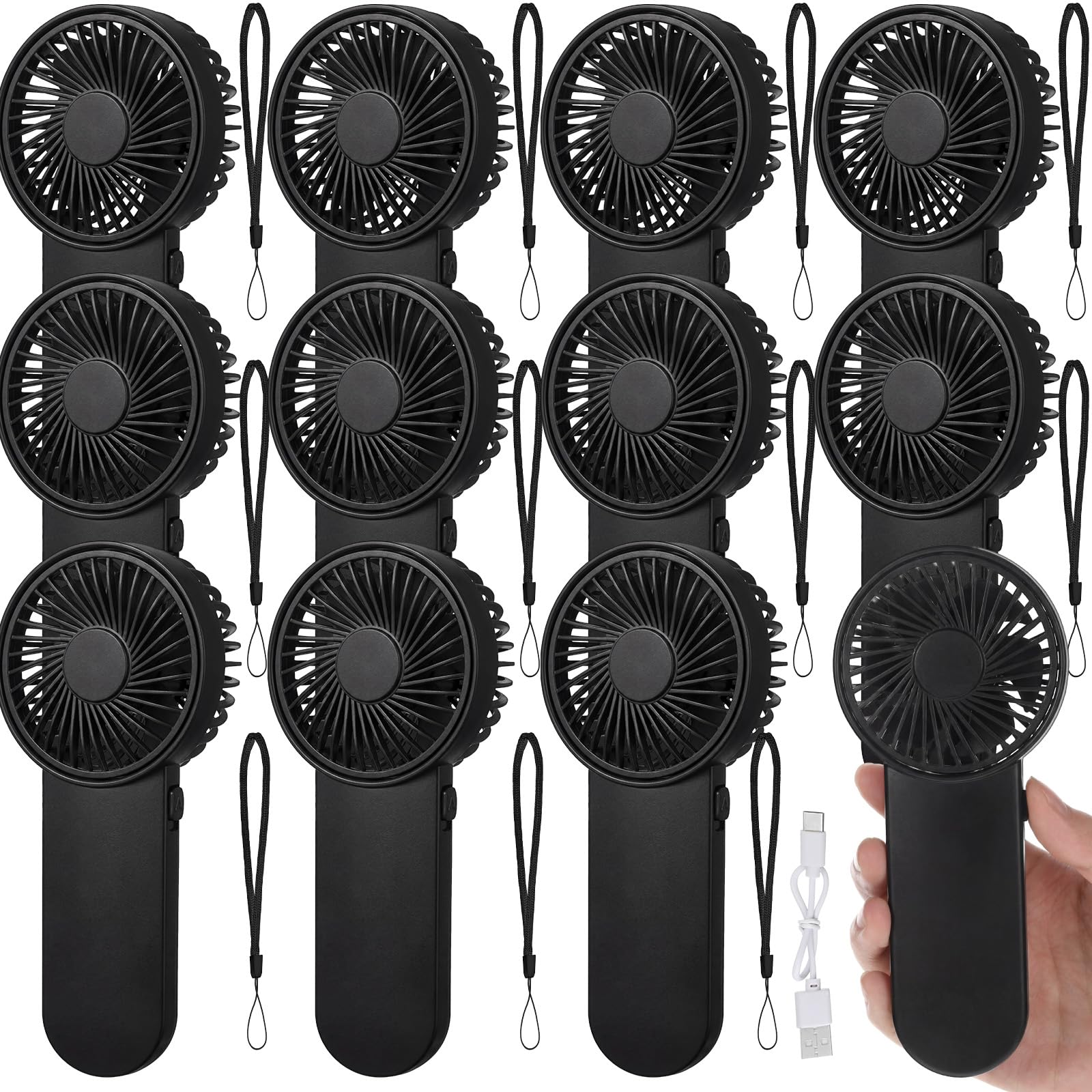 Anqtovp -  12 pcs Small Portable Fan Mini Handheld Electric One Speed Lightweight Cute Black Set ...