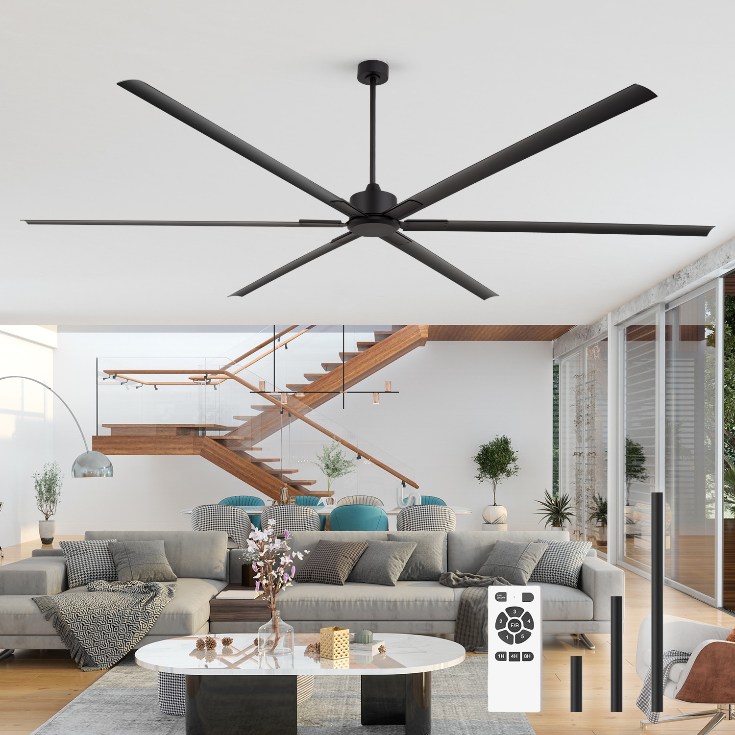 Breezary 29016-BK Oversized Industrial-Grade 120-in Outdoor Matte Black with Black Blades Ceiling Fan Without Light - Remote Included ( 6 -Blade )