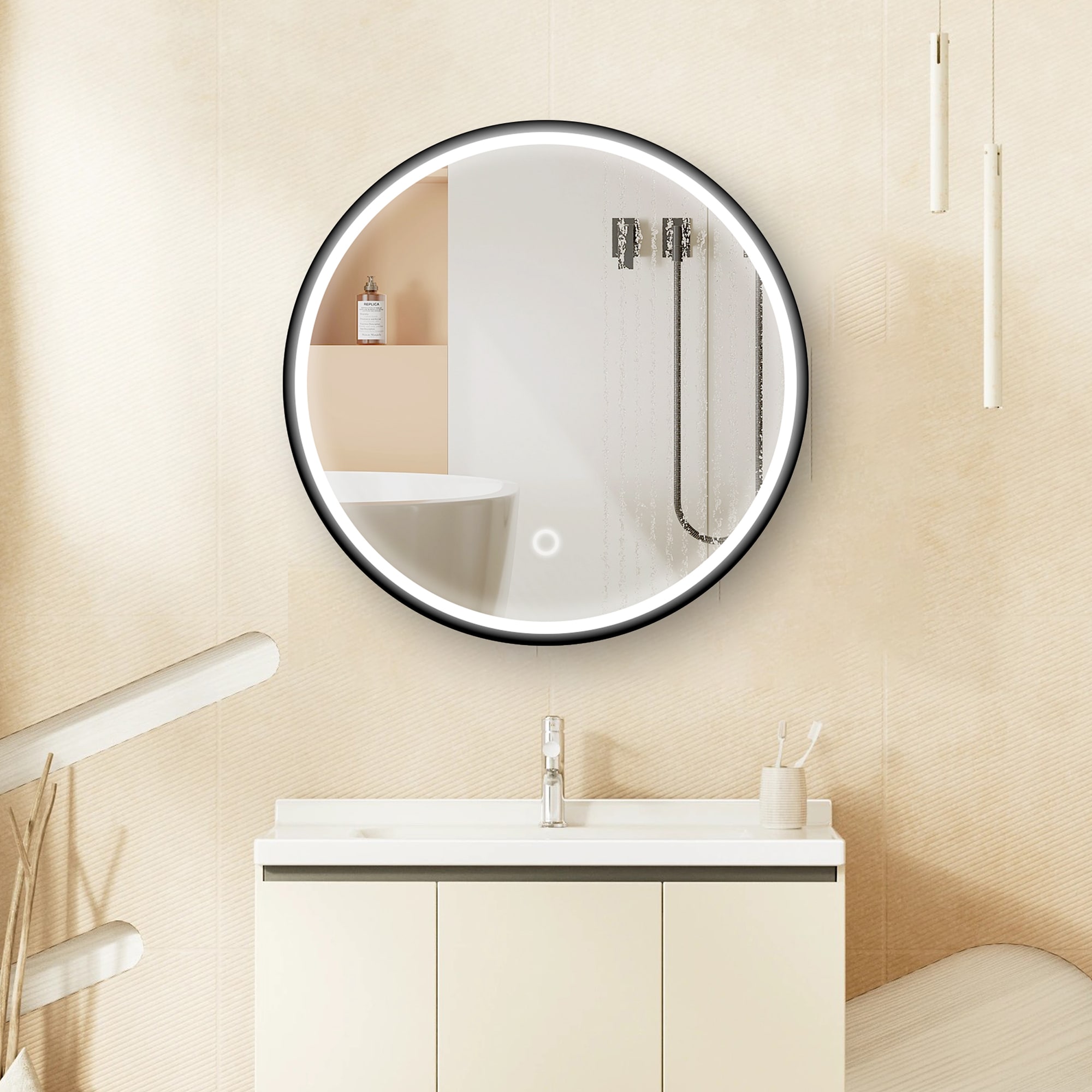 Bybafun YD5300009 24-Inches x 24-Inches Lighted LED Surface Mount Black Mirrored Round Soft Close Medicine Cabinet
