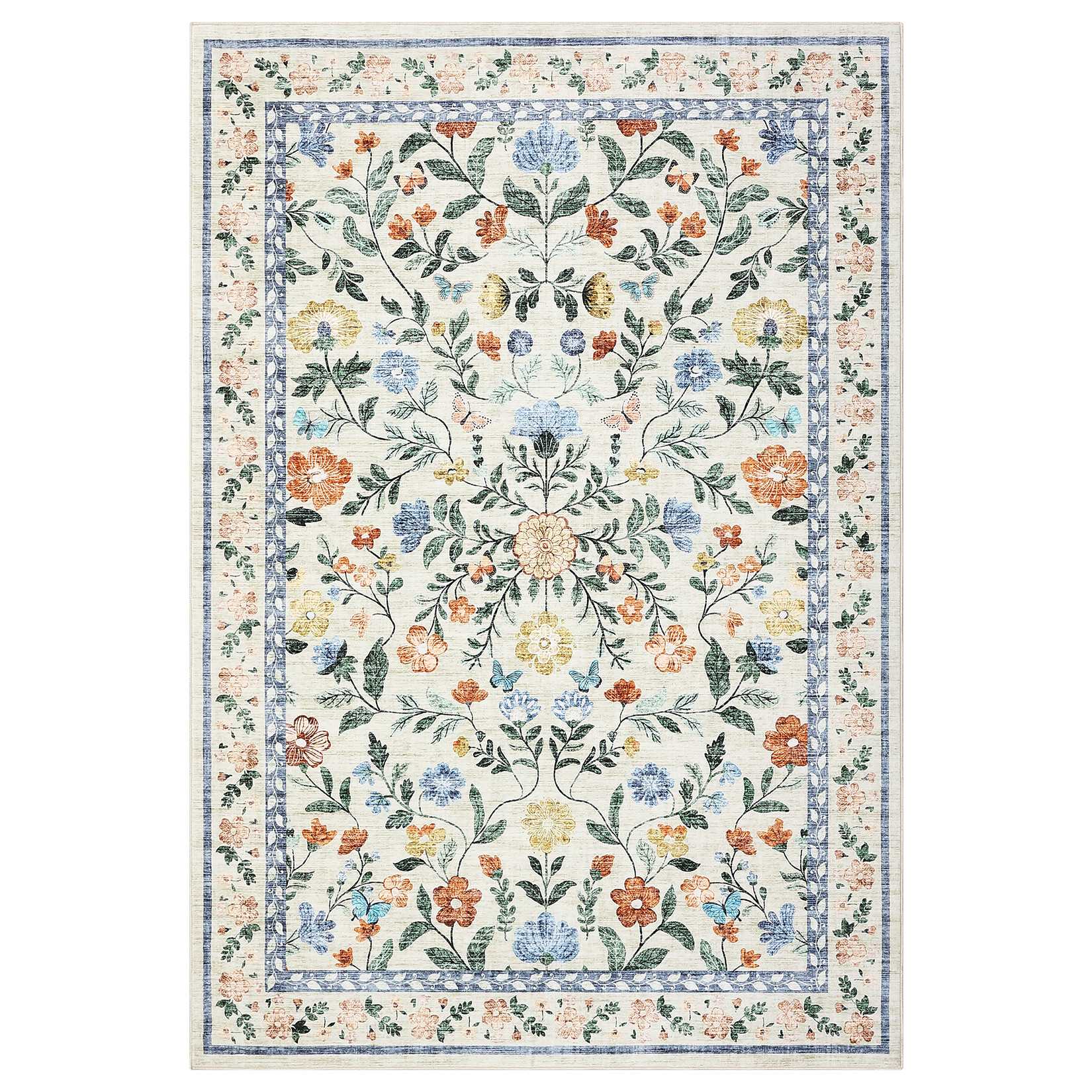 Qeetex LSN-PHK-33T3AWJR 6 x 9 ft Polyester Cashmere Imitation Green Rectangular Hallway Bathroom Entryway Kitchen Office Foldable Flower Printed Modern Washable Area Rug