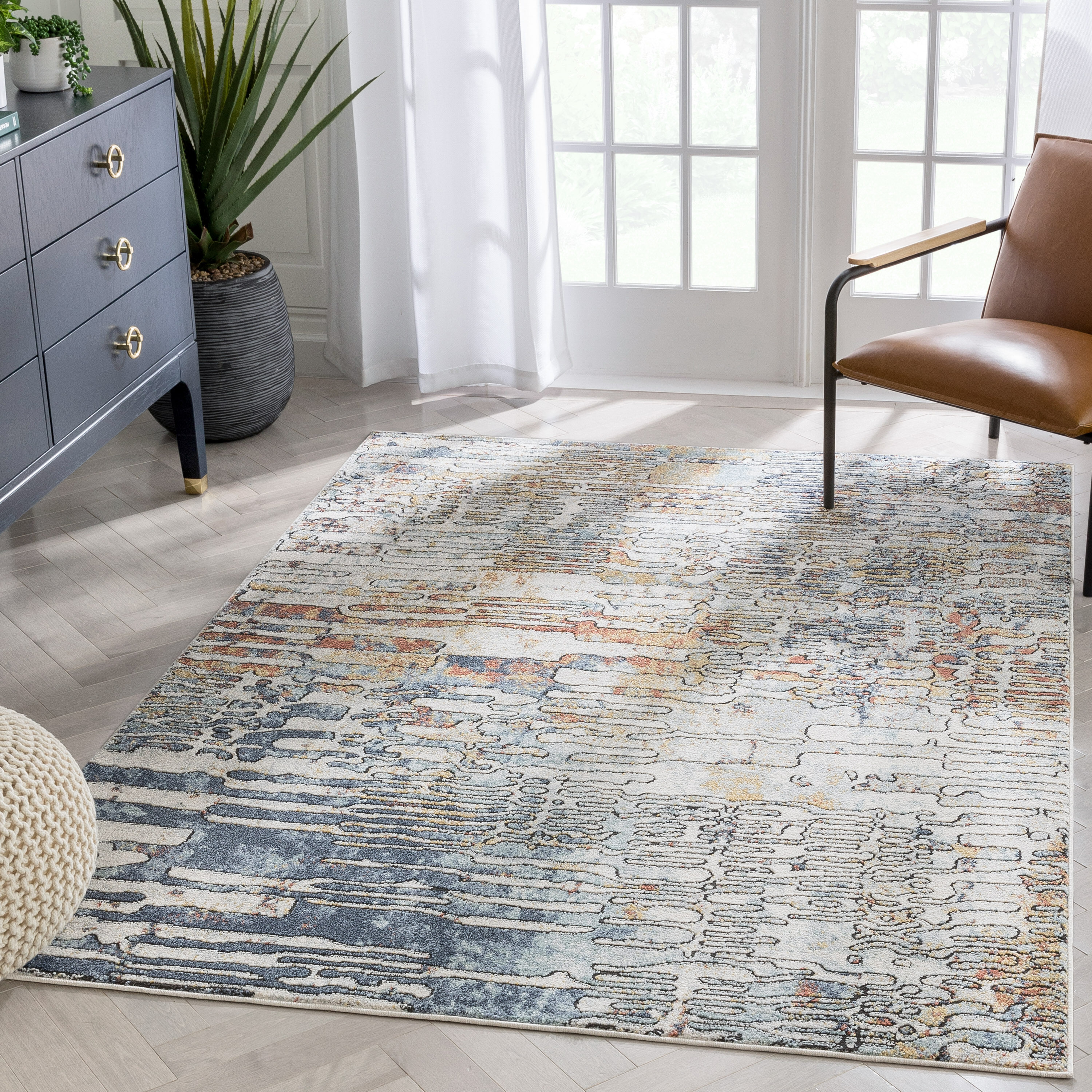 Well Woven ENV-62-5 Envie 5 x 7 (ft) Loomed Polypropylene Ivory Blue Rectangular Indoor Geometric Mid-Century Modern Area rug