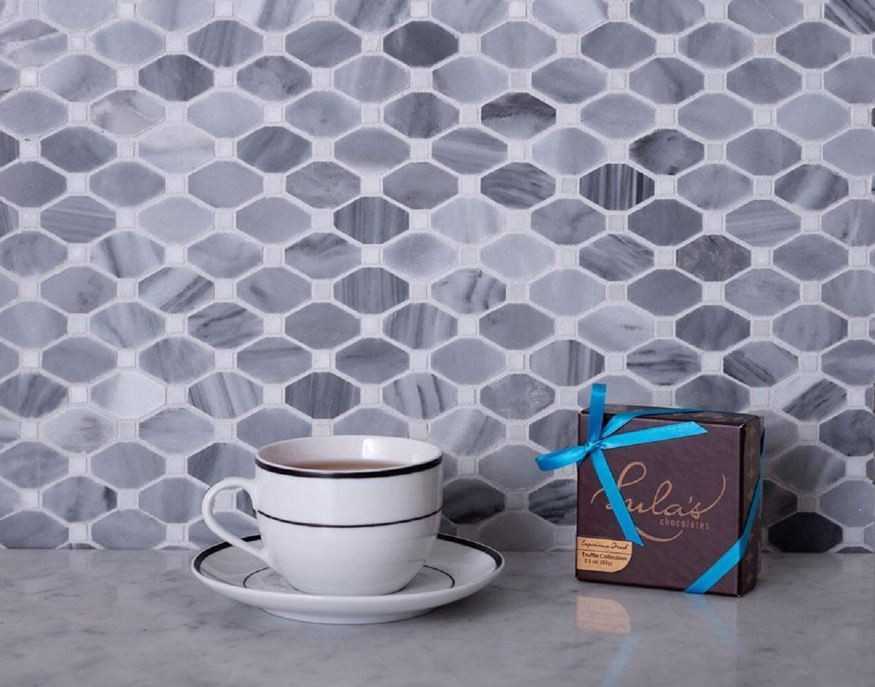 Apollo Tile (Sample) Floor and Wall Tile Gray and White 4-in x 4-in Polished Marble Octagon Dot Patterned Floor and Wall Tile