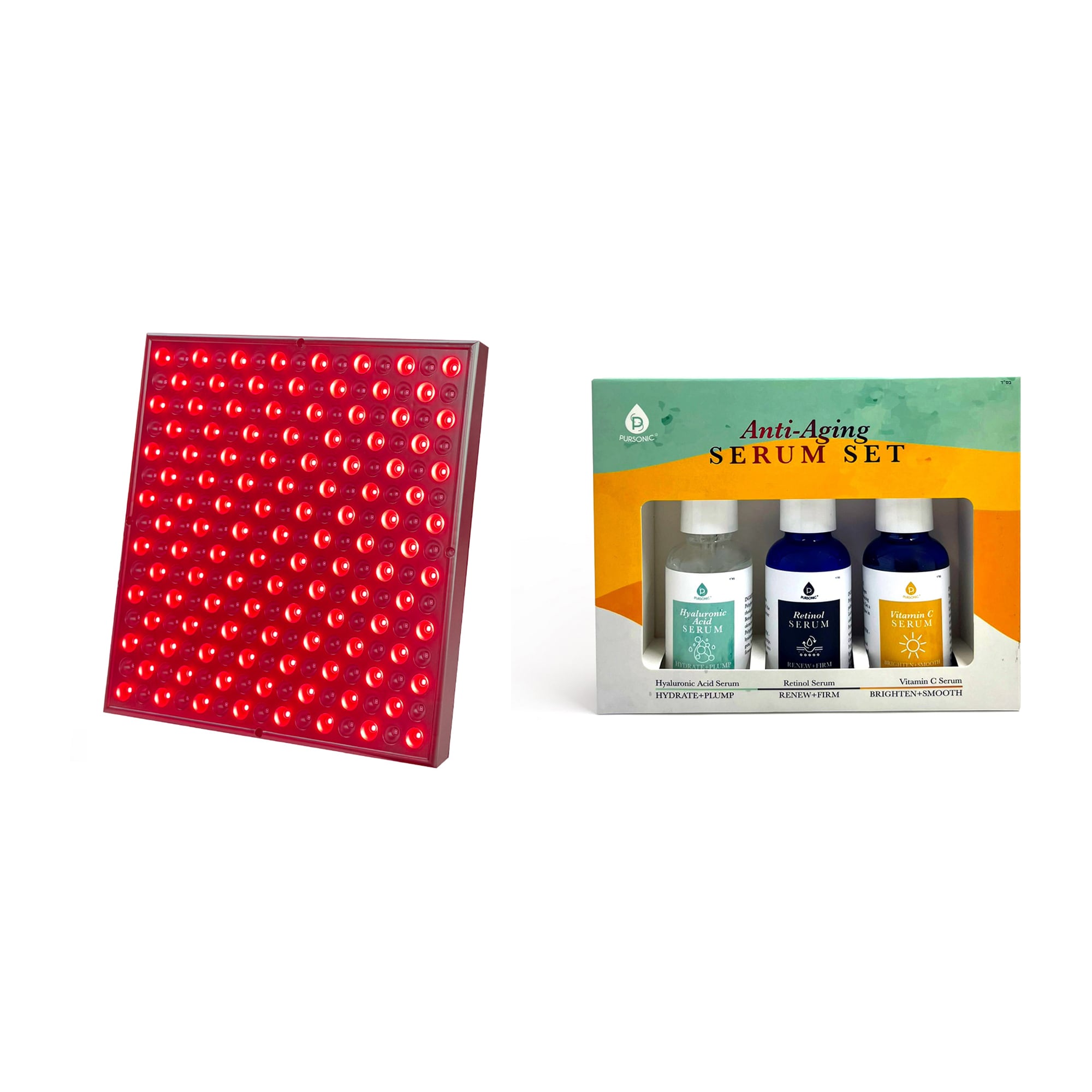 Pursonic  LED Red Light Therapy Panel and Anti Aging Serum Set Vitamin C Retinol and Hyaluronic Acid
