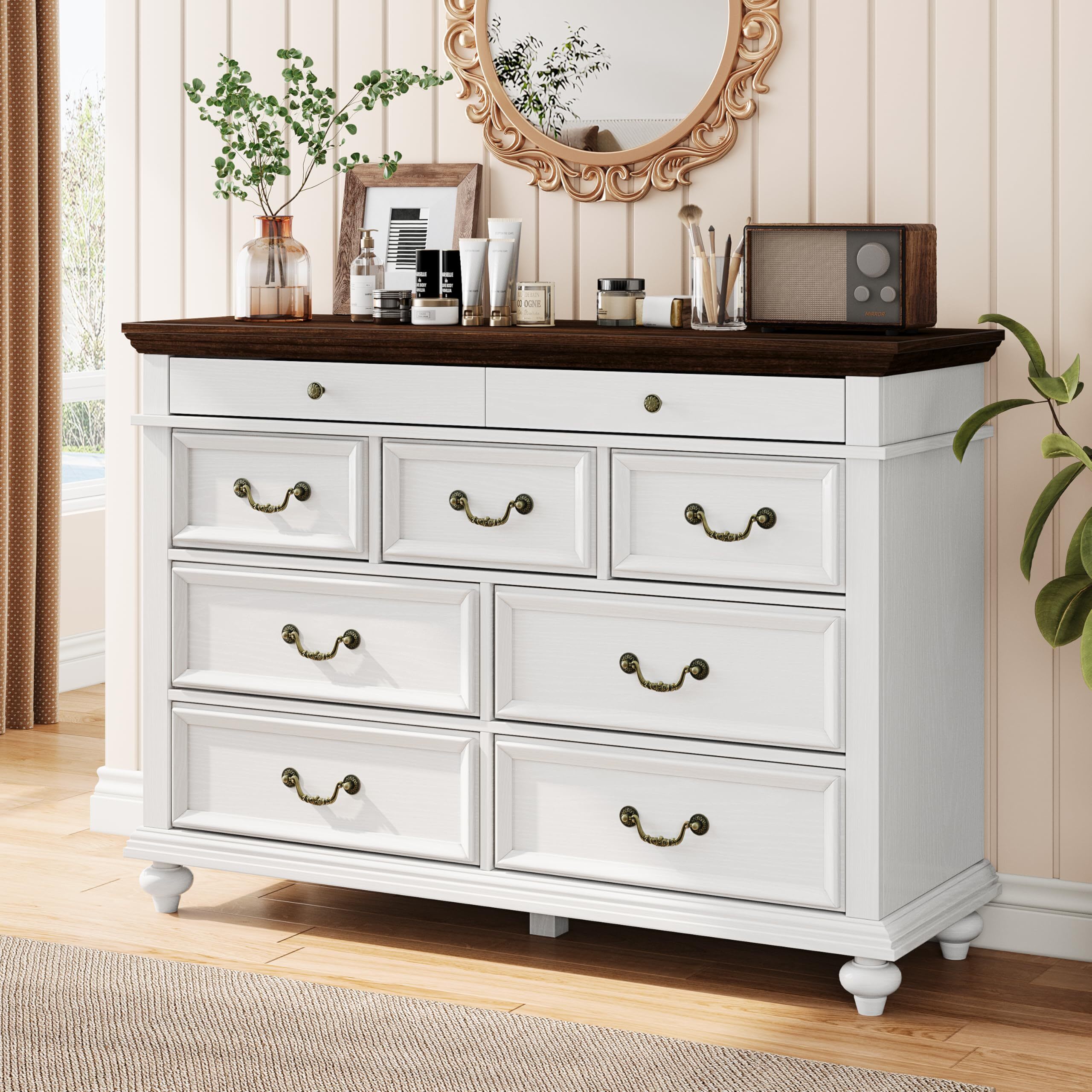 Qeetex GG-W546F215 48 Inch Wide 9 Drawer Dresser Modern Wooden Chest Retro Handles Large Storage Organizer for Bedroom Living Room Closet Entryway White