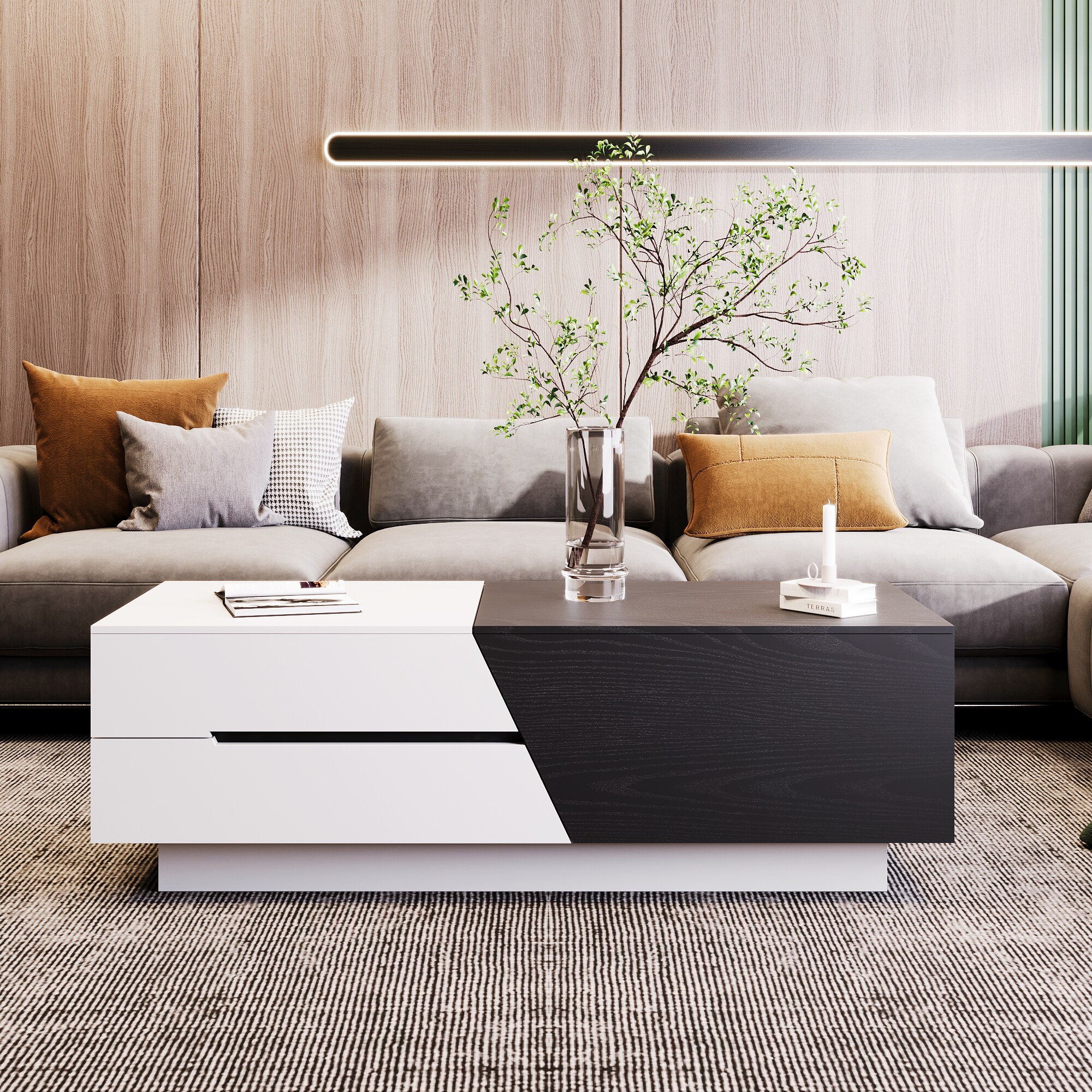 ModernLuxe L3P-WF308184AAB Modern Extendable Sliding Top Coffee Table with Storage in WhiteBlack