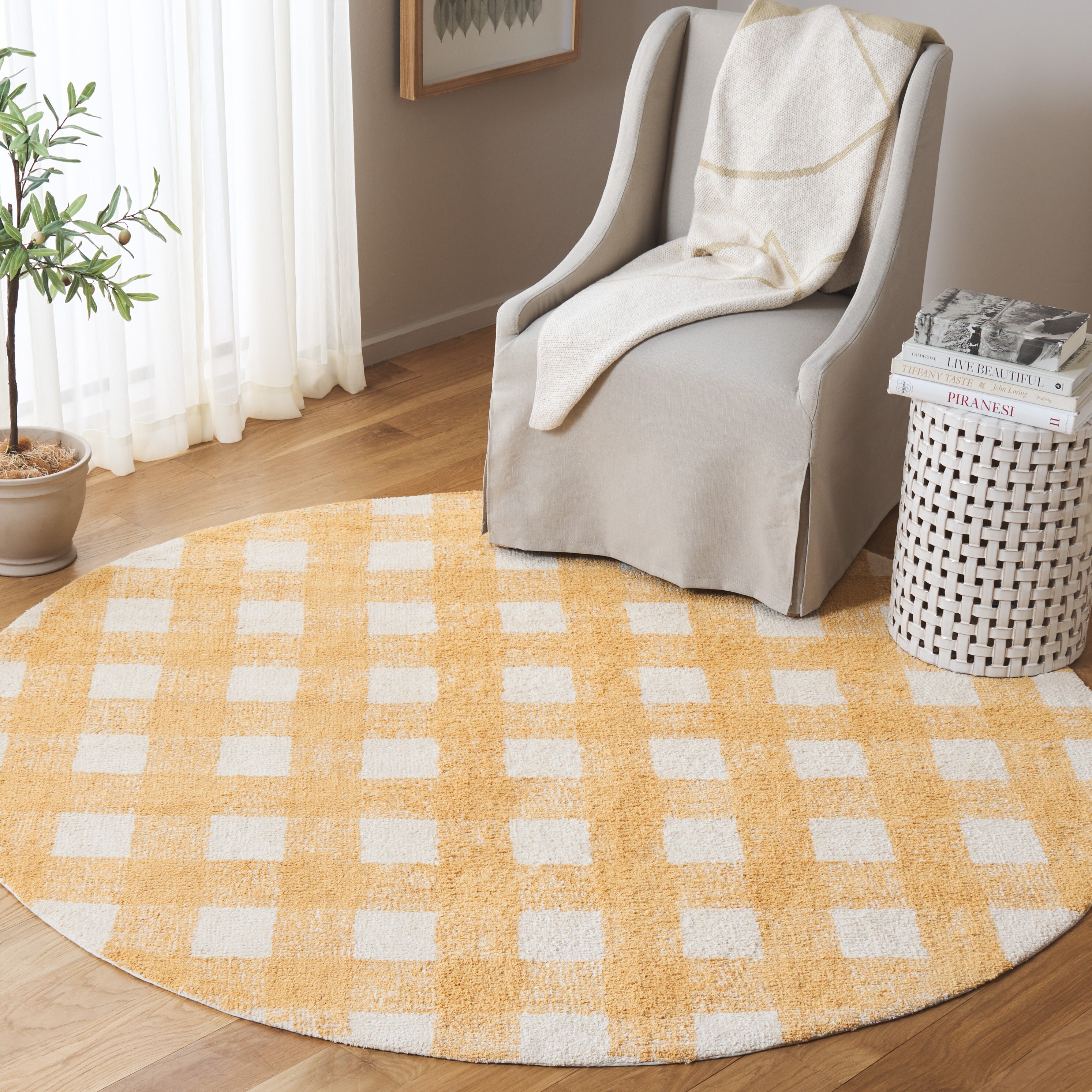  Easy Care 216 Ivory/Gold Country Floral 6ft x 6ft Round Rug