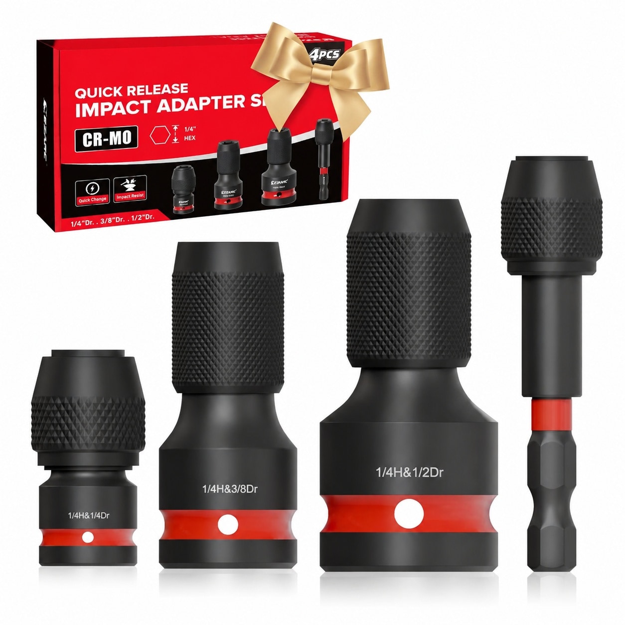 Linder Group Inc Impact Wrench Adapter Set 4 pcs Quick Change Square Drive to Quarter Inch Hex Converter for Ratchet Wrench Drill Bit Holder Durable Steel