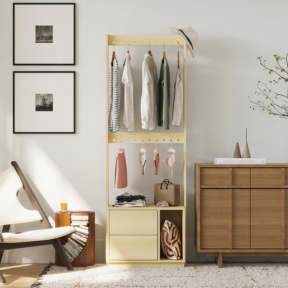 Homsee V-KF520031-01 Modern Wood Entryway Wardrobe Cabinet with Hanging Rod Slots Drawers and Open Shelf