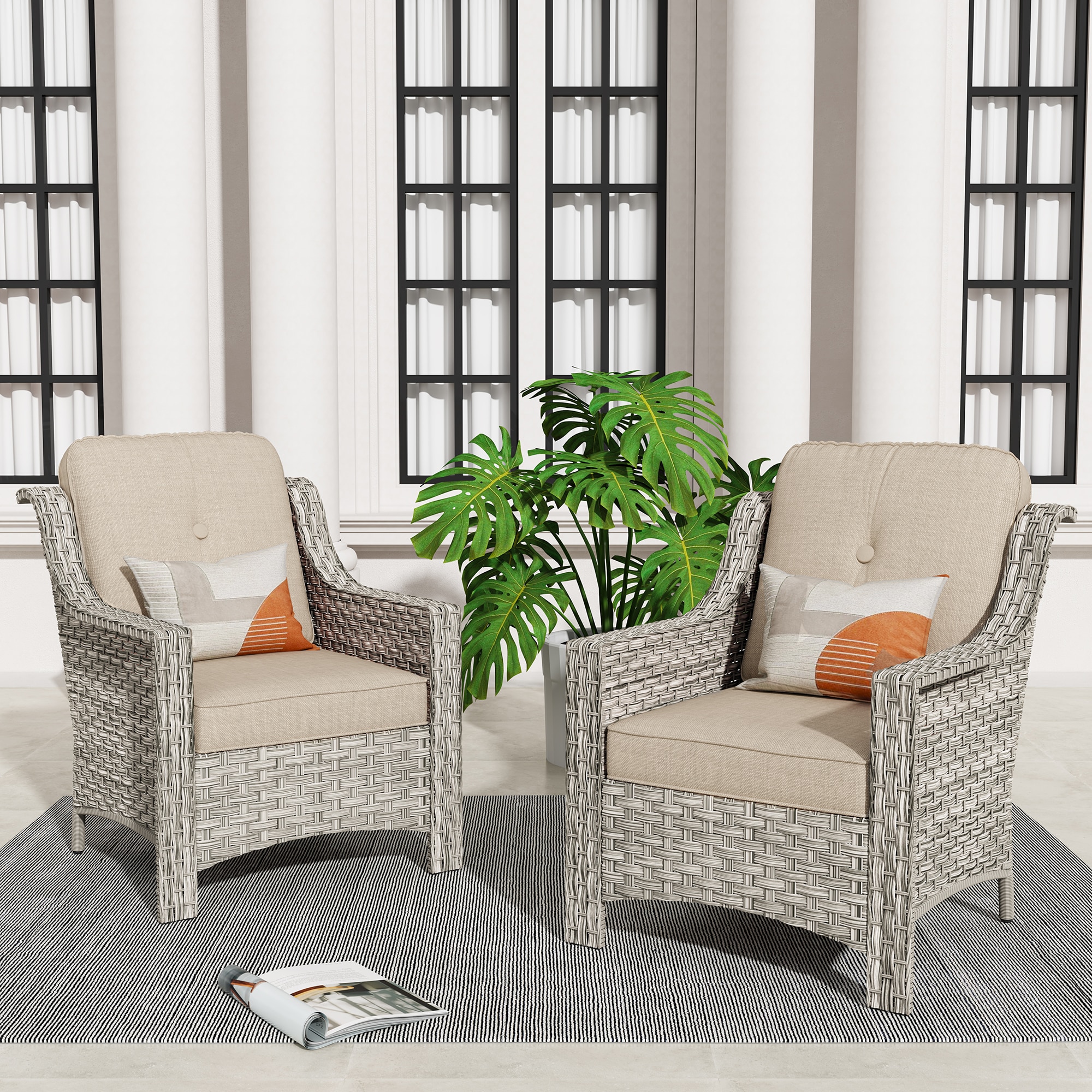 XIZZI XIPAD6021 Pyrophyllite Set of 2 Wicker Beige Frame With Beige Cushions Metal Frame Stationary Conversation Chair with Off-white Cushioned Seat