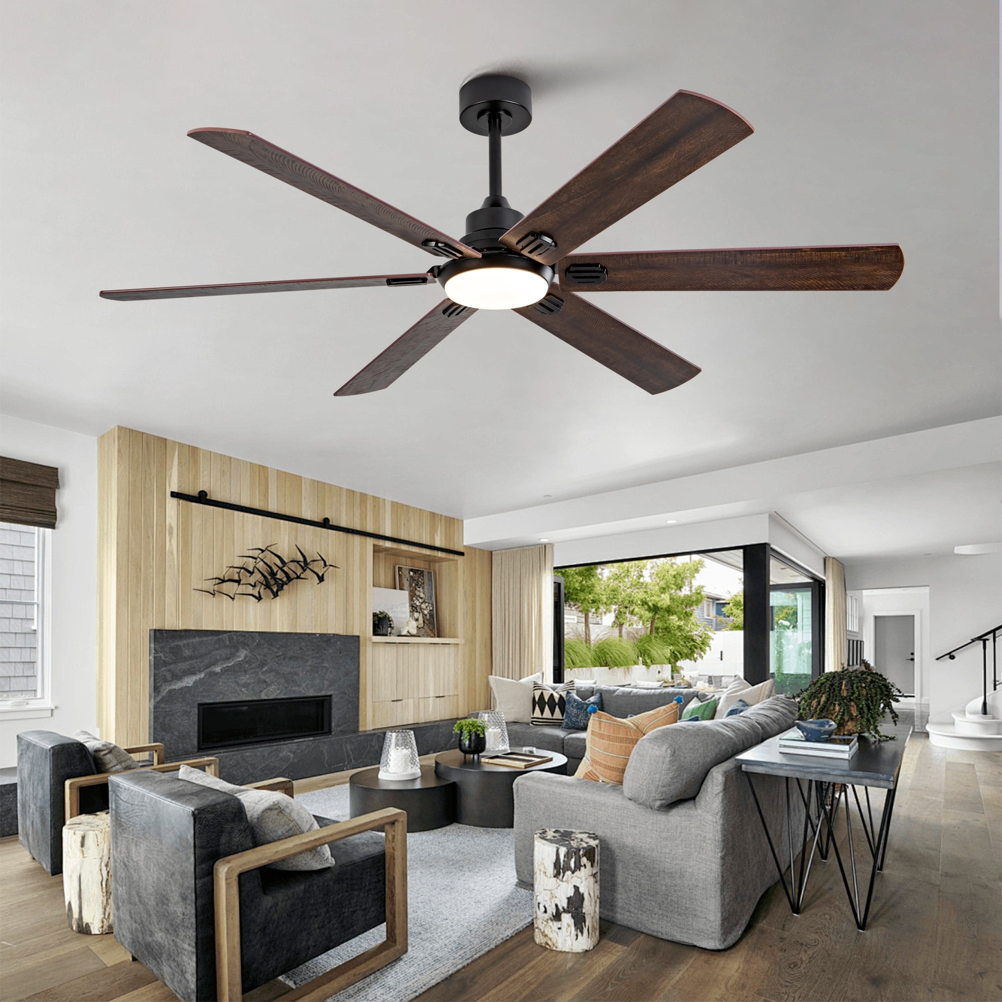 HyperDrop Cart 60-in Smart Indoor Outdoor Ceiling Fan with Light Dual Finish Black and Walnut 6 Blade Remote Dimmable LED 6 Speed Quiet DC Motor Reversible #B-LNTE2IS54WU8