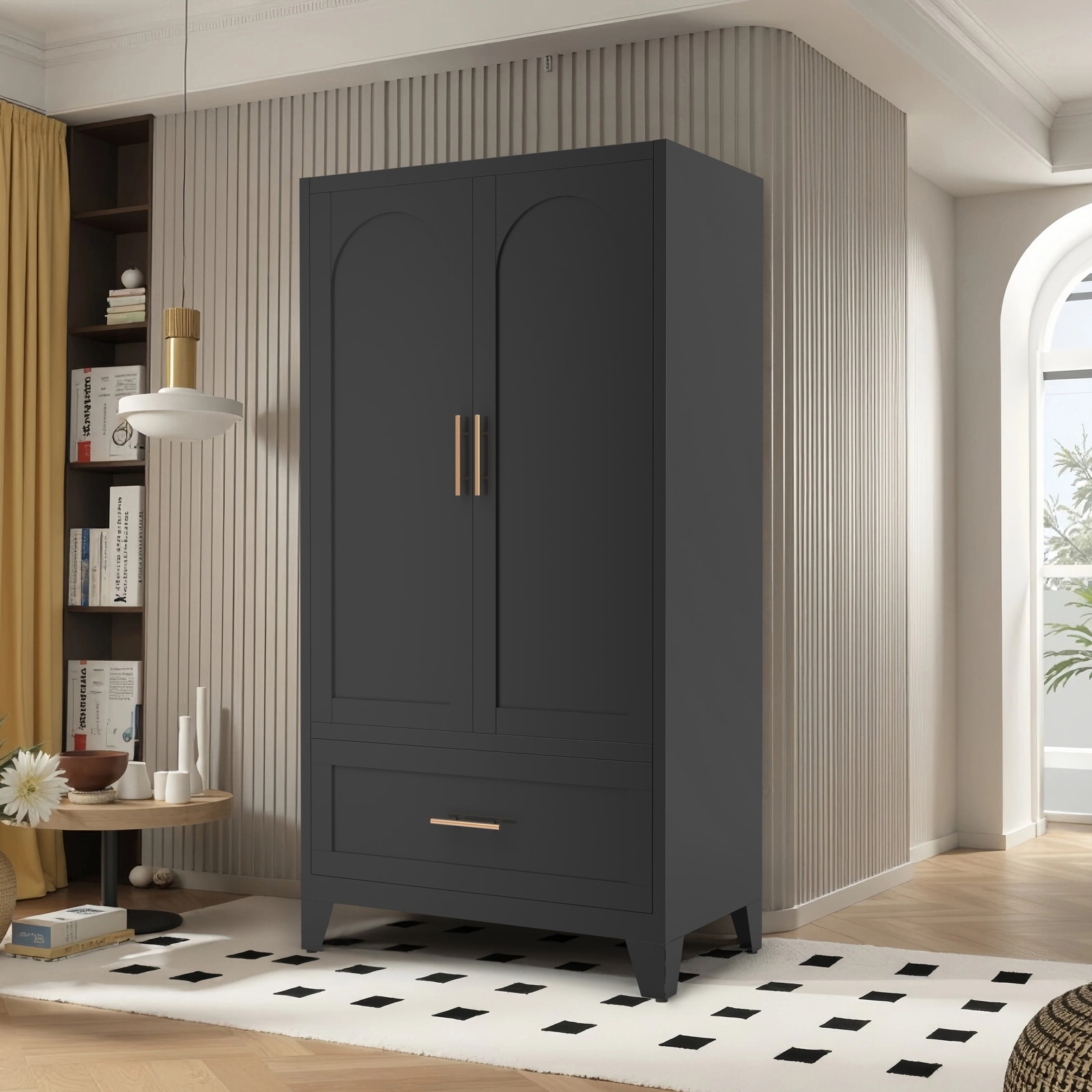 Horizons Prime - 60 inch Black Steel Wardrobe Cabinet with 1 Drawer and Hanging Rod with 2 Doors ...