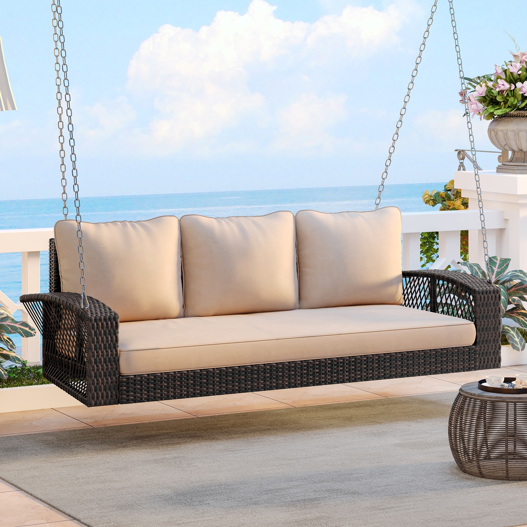 HyperDrop Cart - 69in PE Wicker Hanging Porch Swing/ 3-Person Large Patio Swing Bench with Cushio...