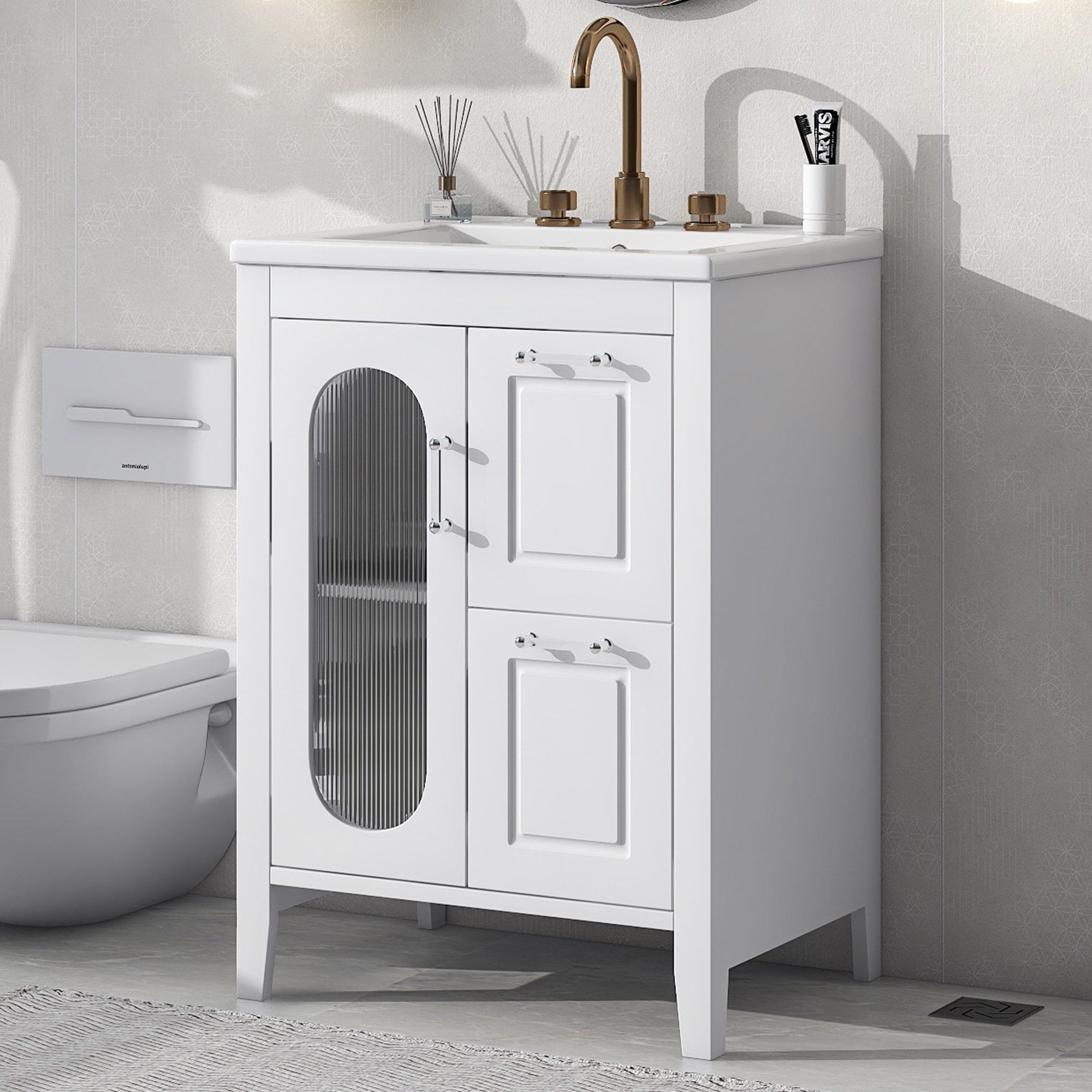 Afoxsos - 24 inch Bathroom Vanity with Sink White Solid Wood MDF Cabinet Two Drawers One Door Ad...