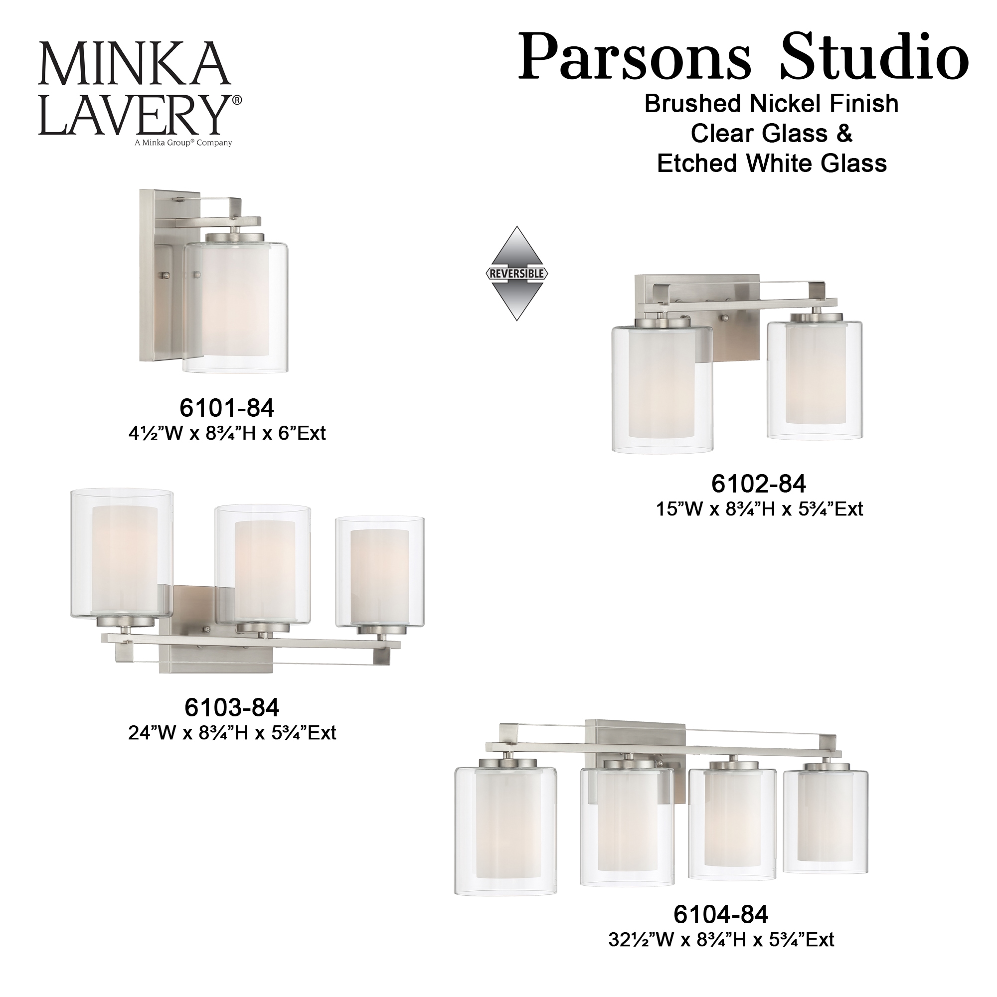 Minka Lavery 6104-66 top Parsons Studio Clear and Etched White Glass Cylinder Bath