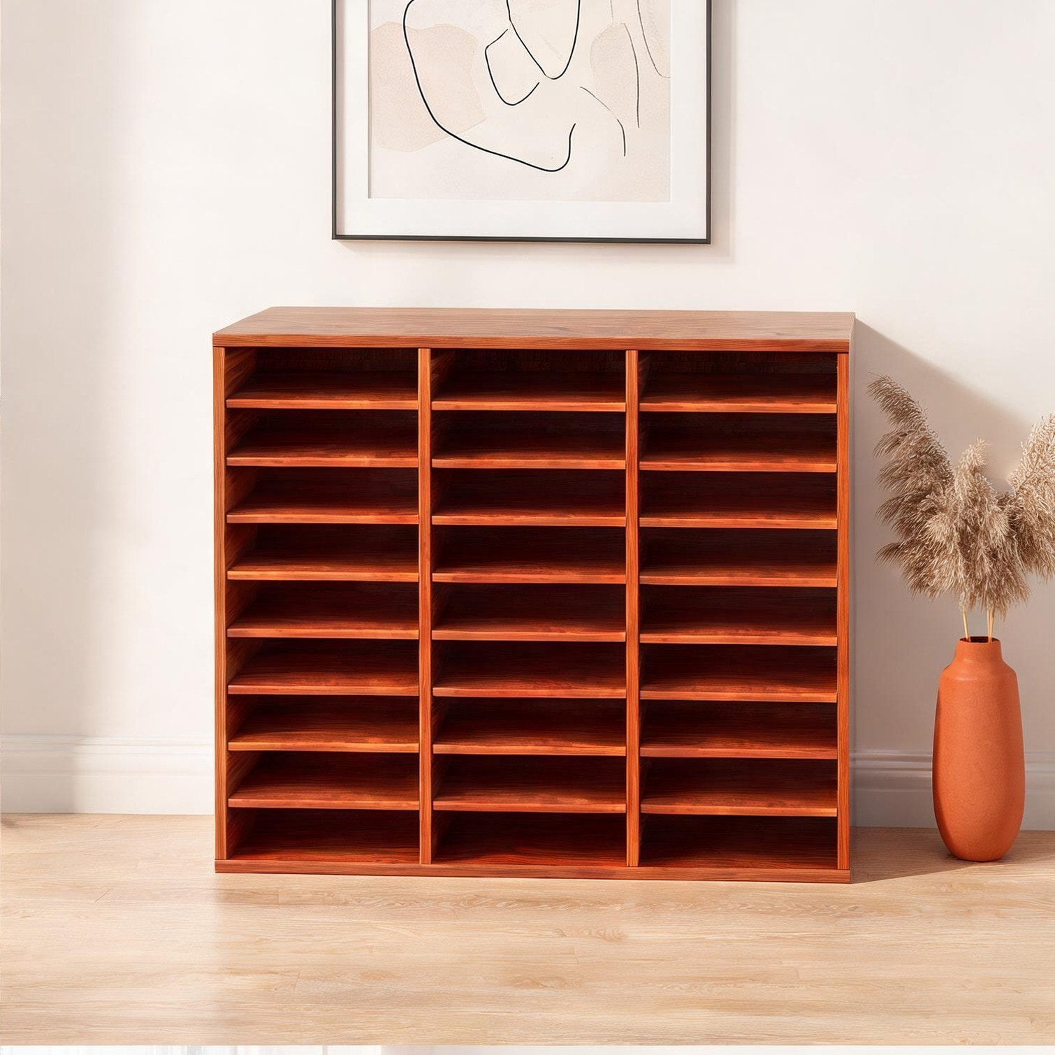 FlowLuxe Wood-Tone Brown 27-Compartment Literature Organizer with Adjustable Shelves Freestanding Office Mail Center