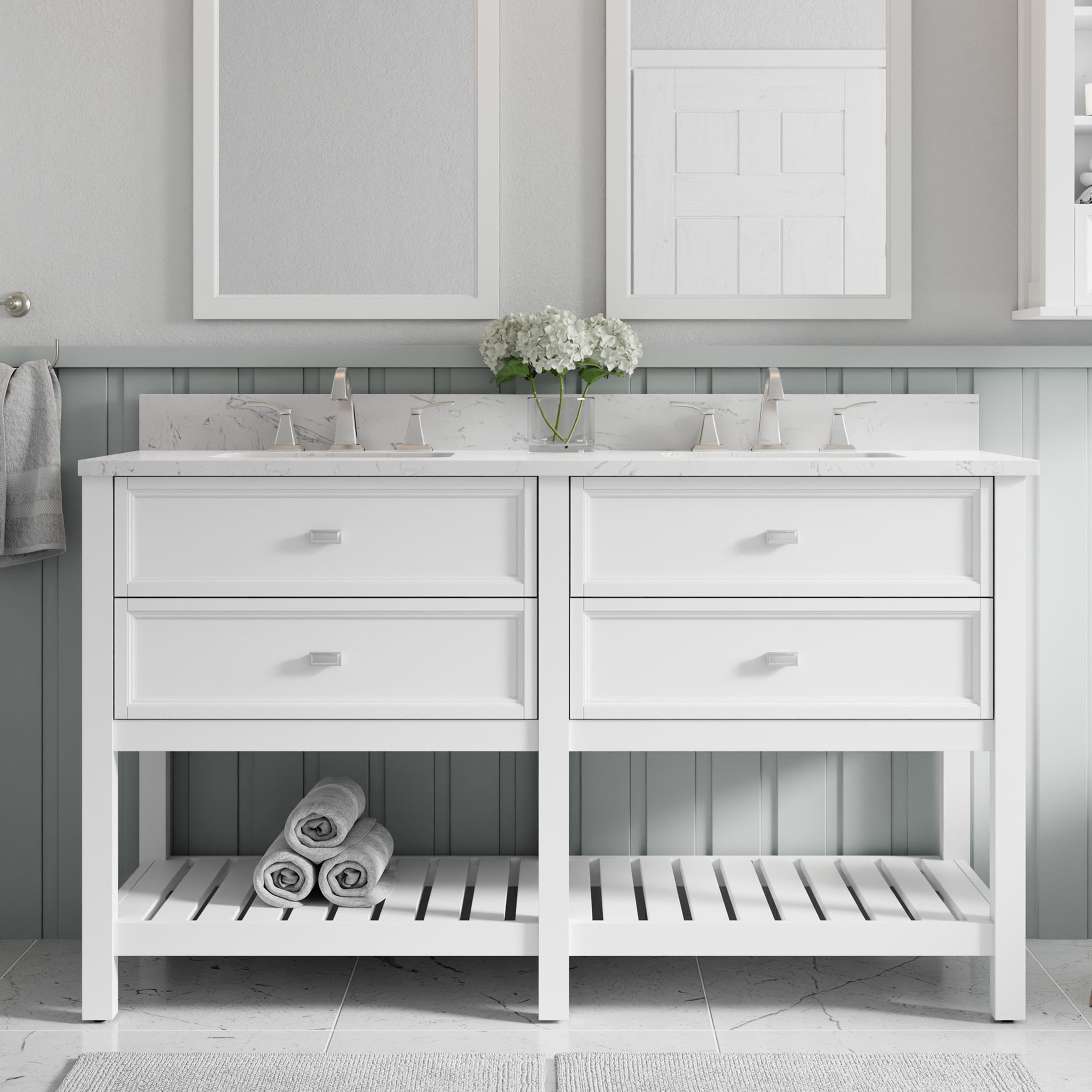 Canterbury 60-in White Undermount Double Sink Bathroom Vanity with Carrara Engineered Marble Top | - allen + roth 1227VA-60-201-903