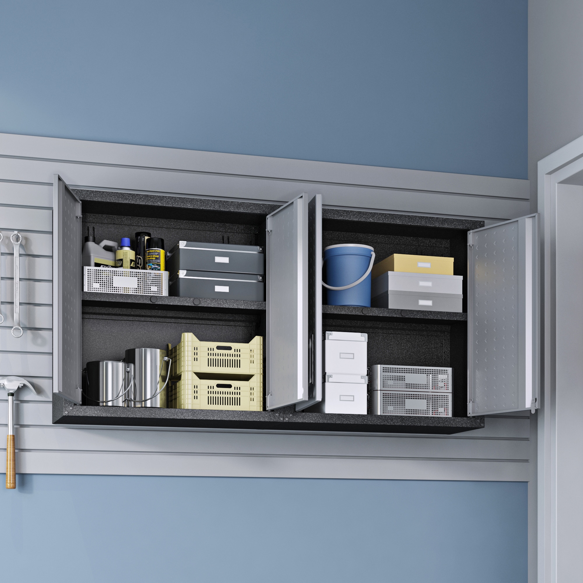 Manhattan Comfort Eiffel Floating Garage Storage Cabinet with Lock and Key in Grey Gloss