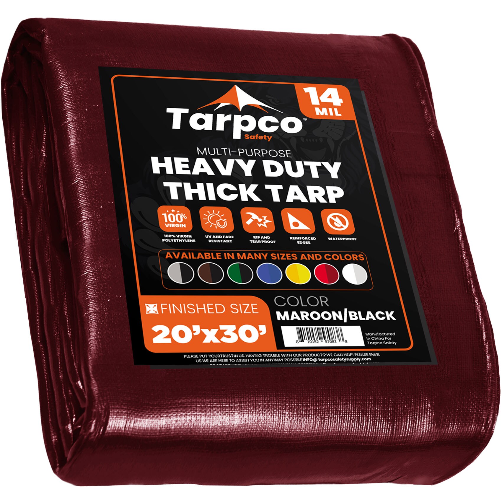 Tarpco Safety TS-107-20X30 20-ft x 30-ft Maroon Waterproof Commercial Polyethylene 14-Mils Tarp