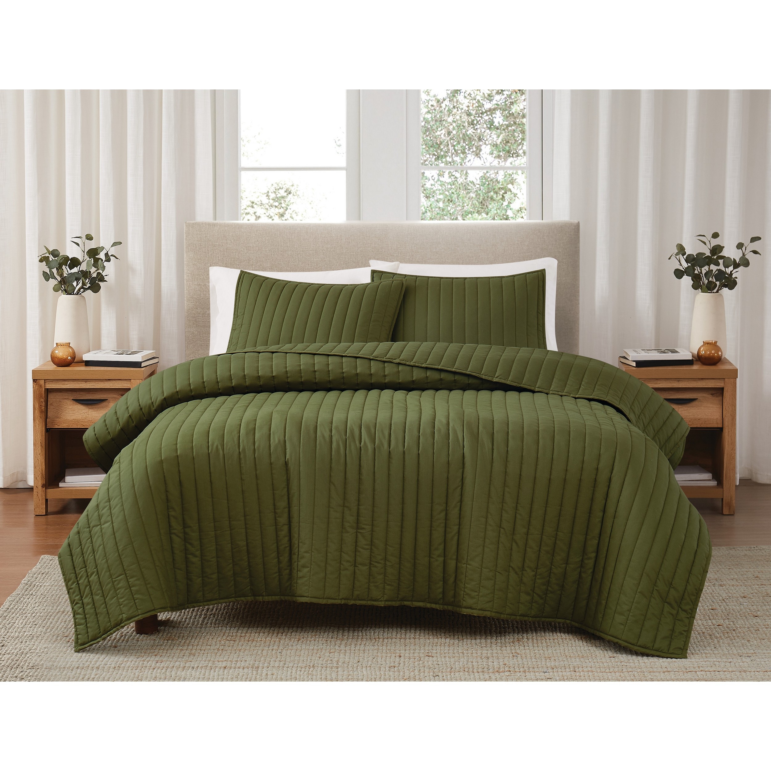Brooklyn Loom QS5809OGFQ-2600 3 -Piece Olive Green Full/Queen Quilt Set