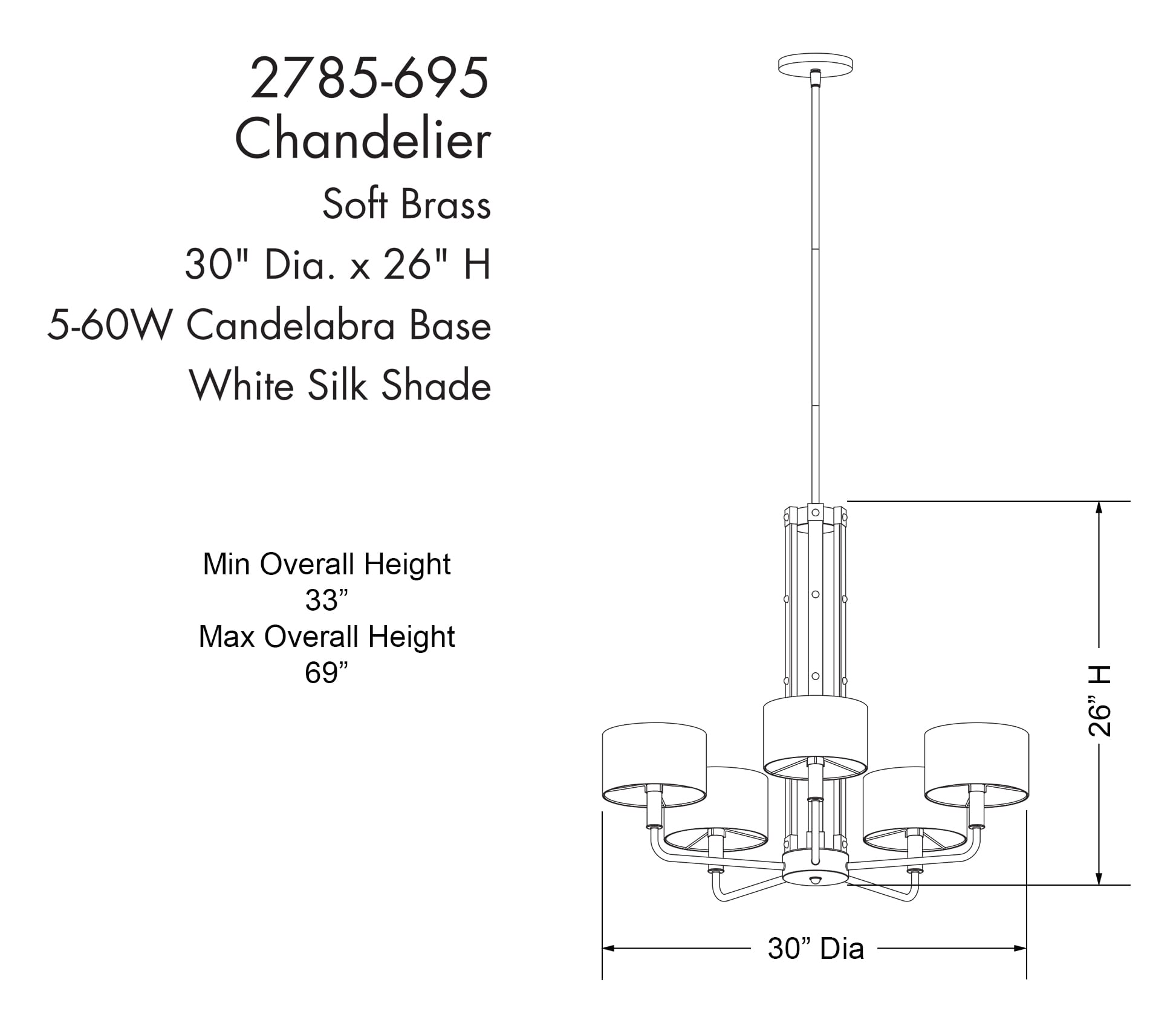 Chelsea Soft Brass 5-Light Chandelier with White Silk Shades