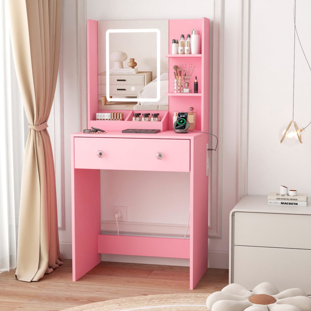 Furologee - Makeup Vanity Desk with LED Lighted Mirror and Built-in Power Outlet Makeup Dressing ...