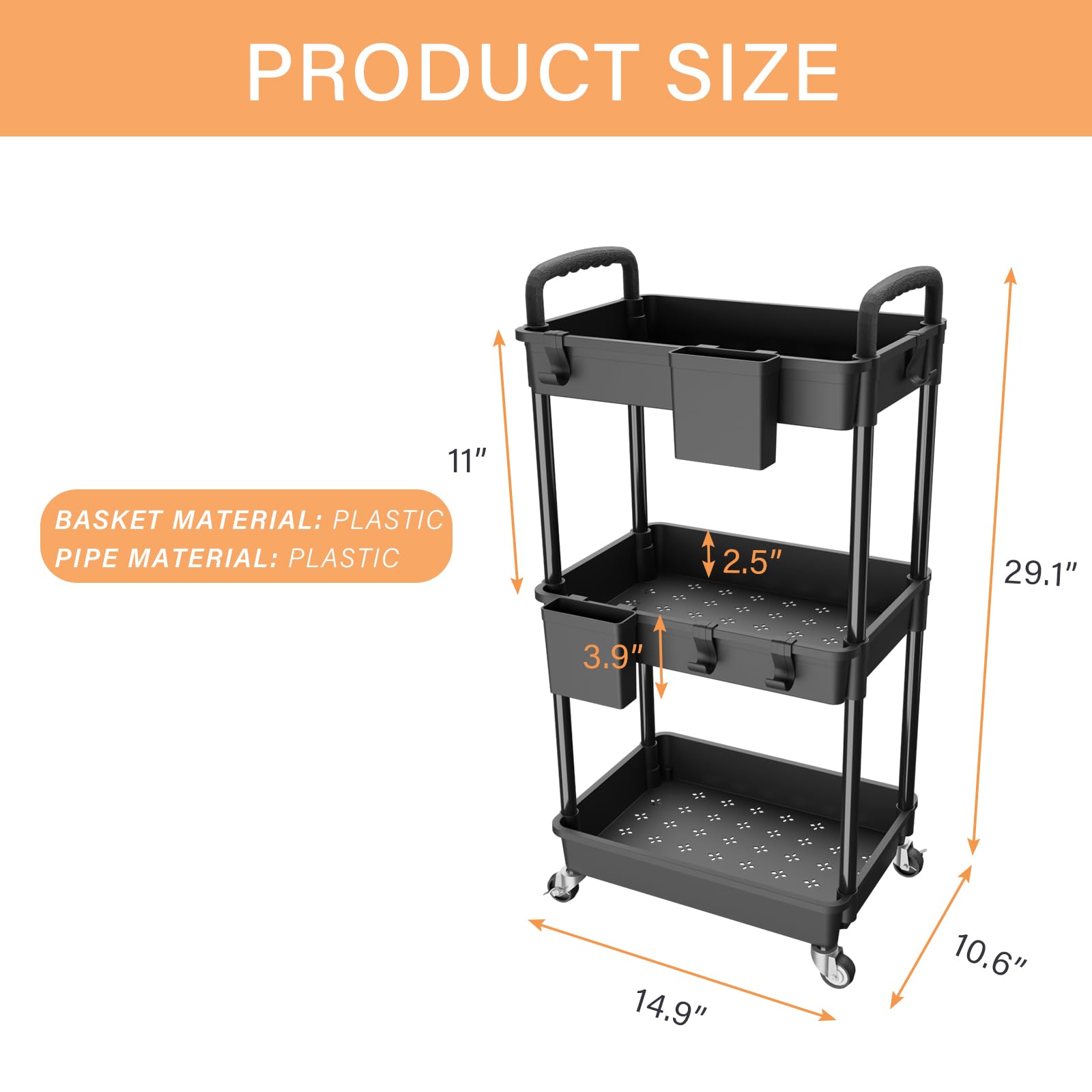 PUPWE Black 3 Tier With Handle Rolling Utility Storage Cart With Wheels ...