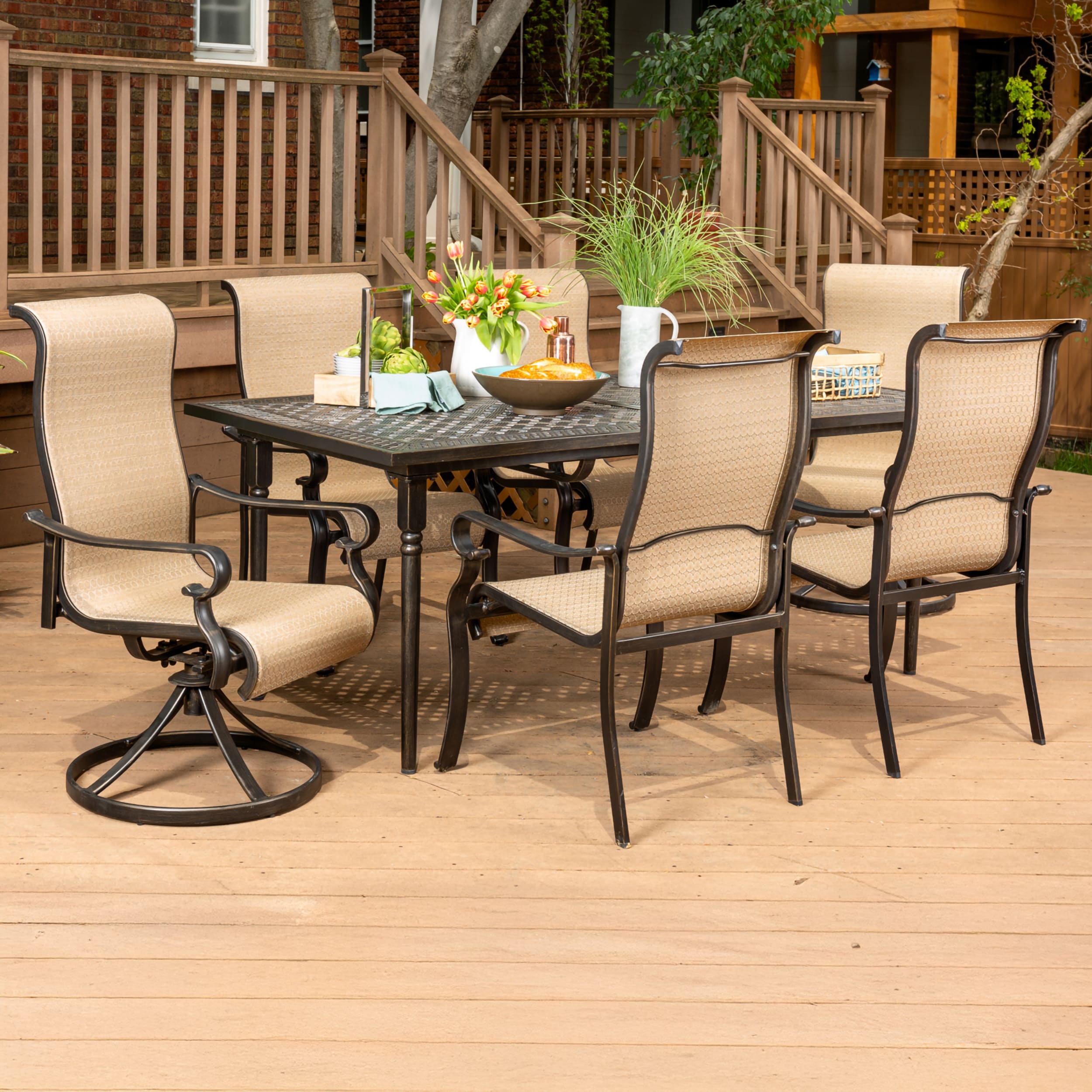Hanover BRIGDN7PCSW-2 Brigantine 7 -Piece Espresso Bean Patio Dining Set Aluminum Rectangle Table with 6 Tan Stationary and Motion Chairs