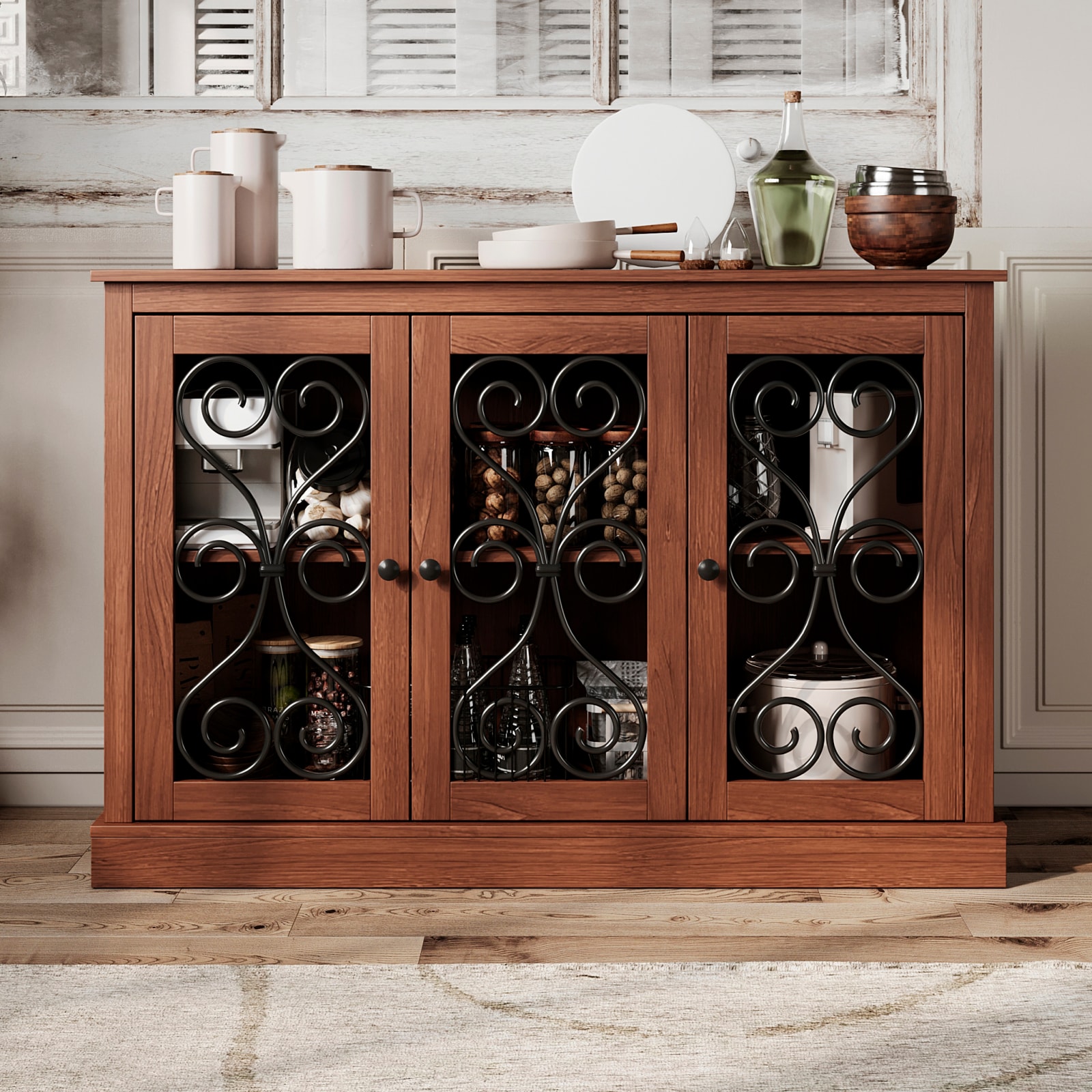CHITA Mid Century Modern Metal and Glass Sideboard Buffet Cabinet with Glass Doors Freestanding for Living Room and Entryway Storage Walnut