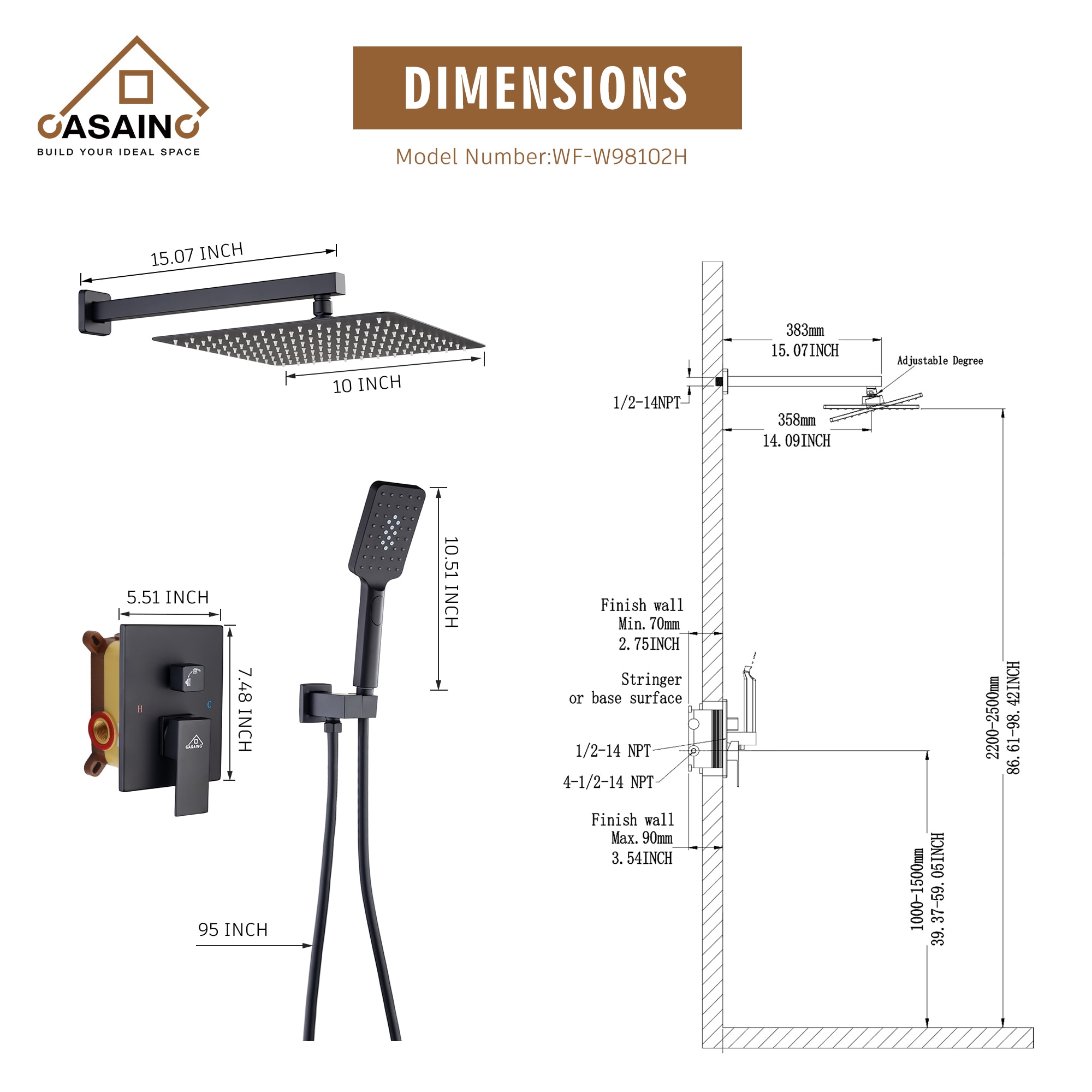 CASAINC CS12-10MB Showerhead-Bar-Panels - View #4
