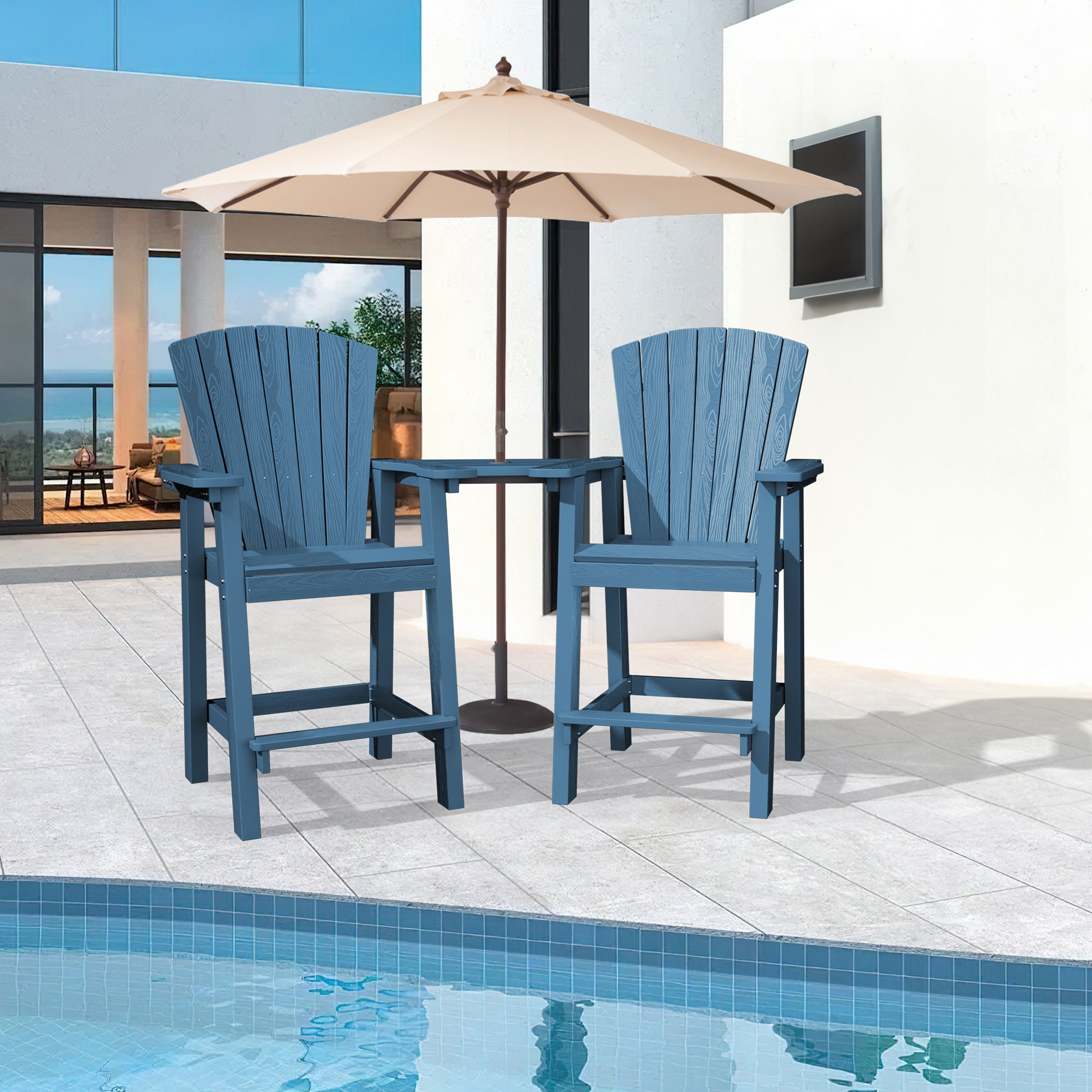 VOUA PESRLT-NY Patio HDPE Tall Bar Set With Umbrella Hole Set of 2 Navy HDPE Frame Stationary Adirondack Chair with Slat Seat