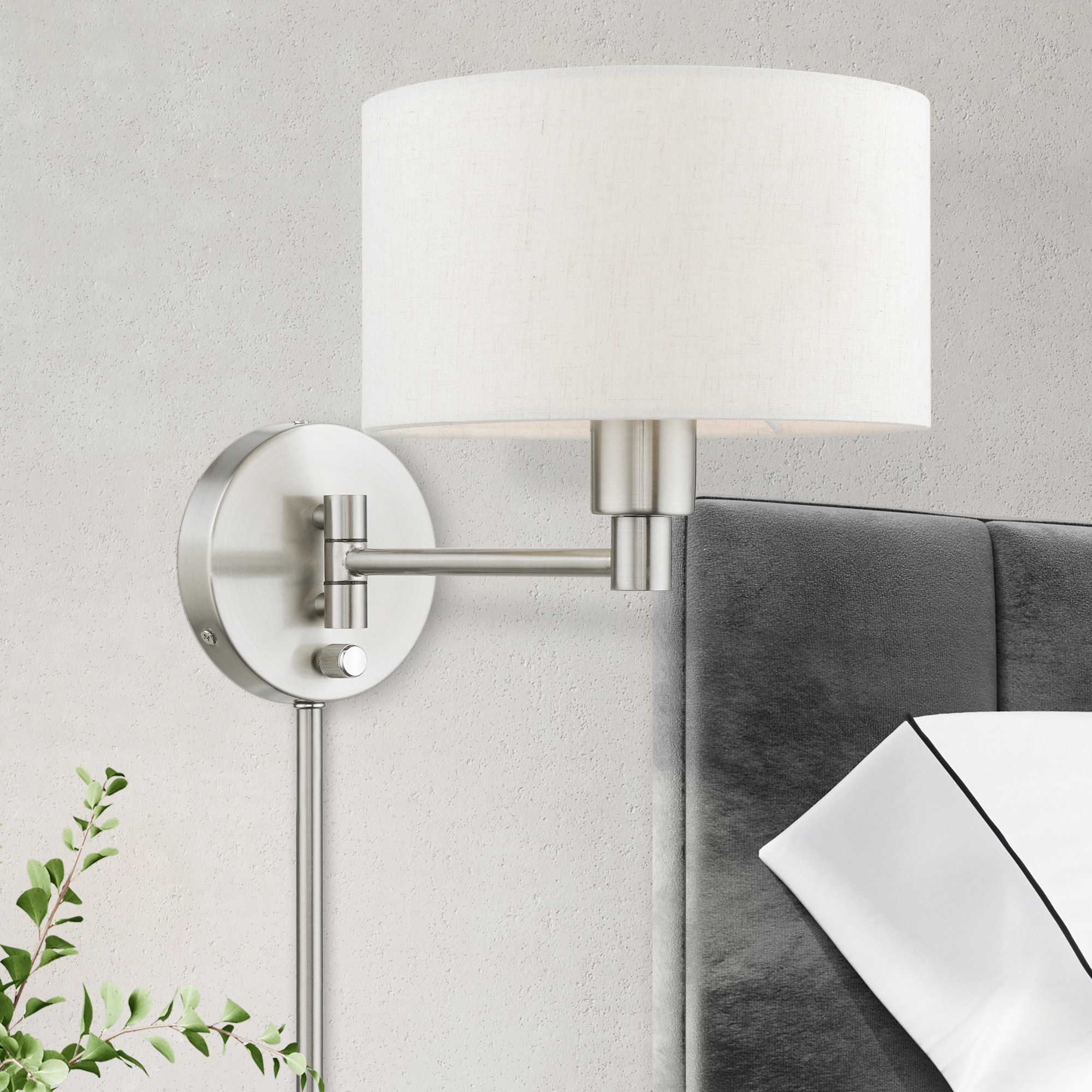 Transitional Brushed Nickel Swing Arm Wall Lamp with Oatmeal Fabric Shade