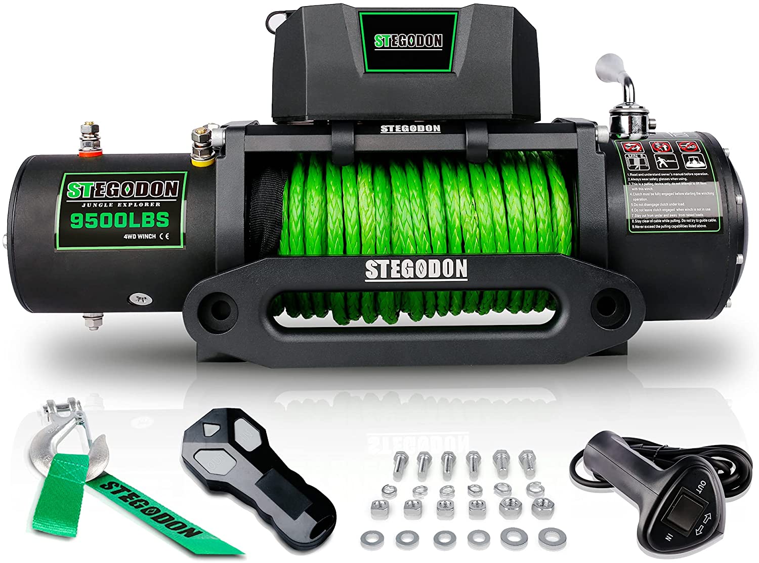 Siavonce XH42967 New 9500 Lb. Load Capacity Electric Winch S312v Waterproof Ip67 Electric Winch with Hawse Fairlead Synthetic Rope Winch with Wireless Handheld Remote and Wired Handle(green-rope)