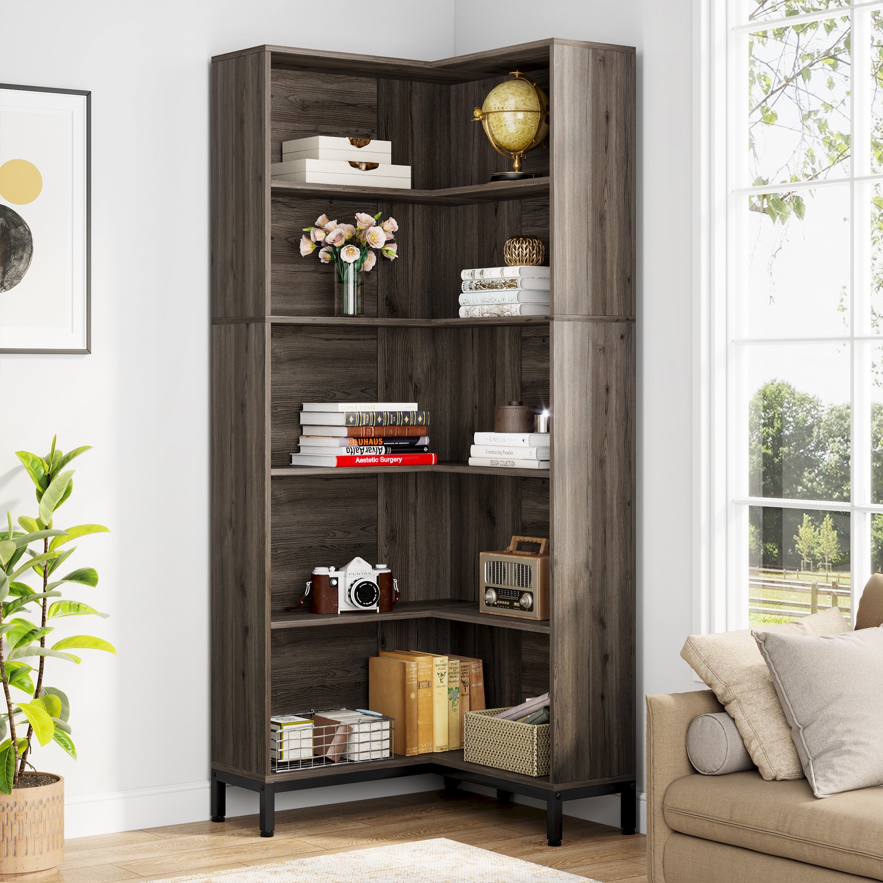 Tribesigns Black Metal 5-Shelf Corner Bookcase (31.49-in W x 65.74-in H x 31.49-in D) | HOGA-JW0236