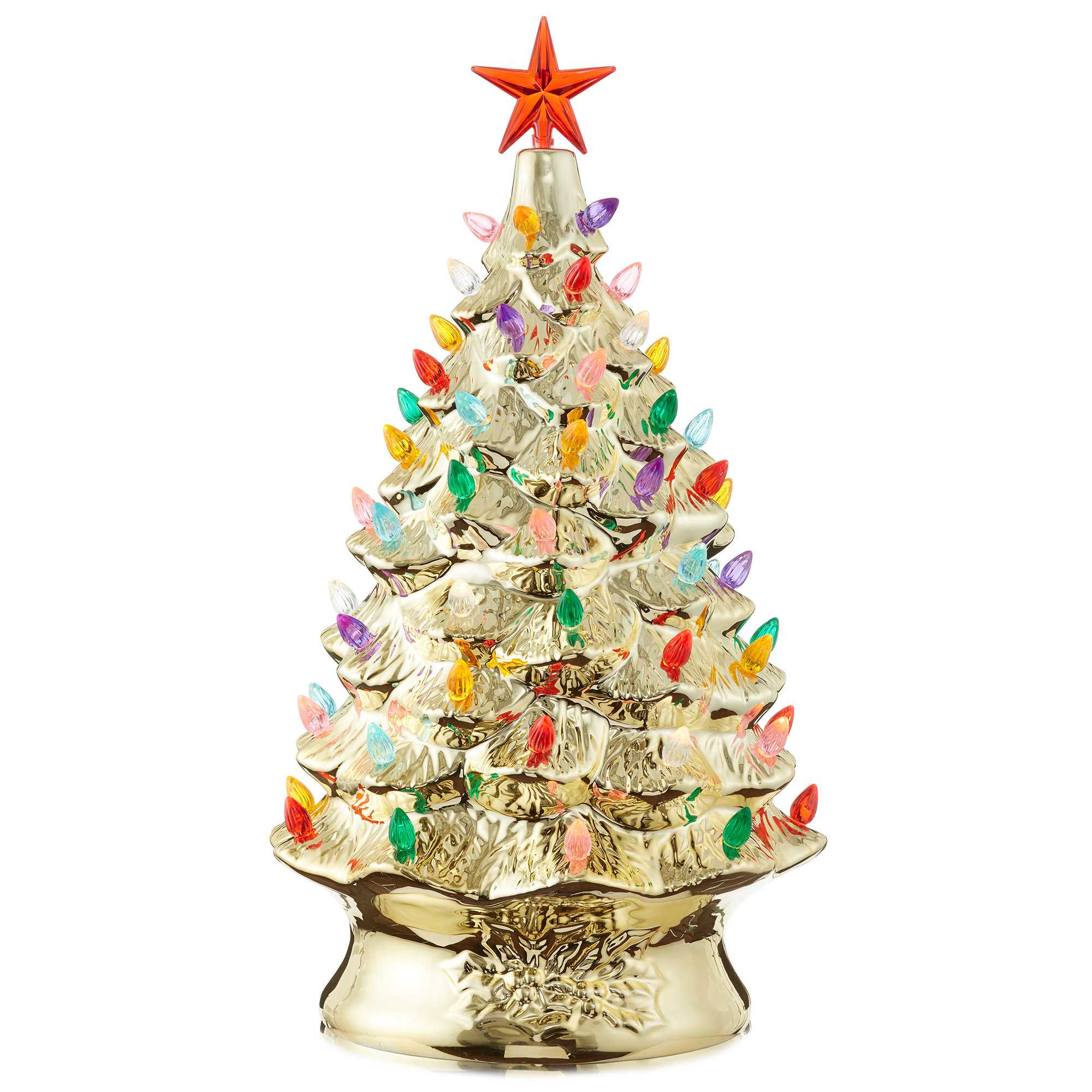 Casafield SZN-TR-9246-GLD 24-in Hand Painted Ceramic Christmas Tree - Gold Pre-Lit Tree w/ Star