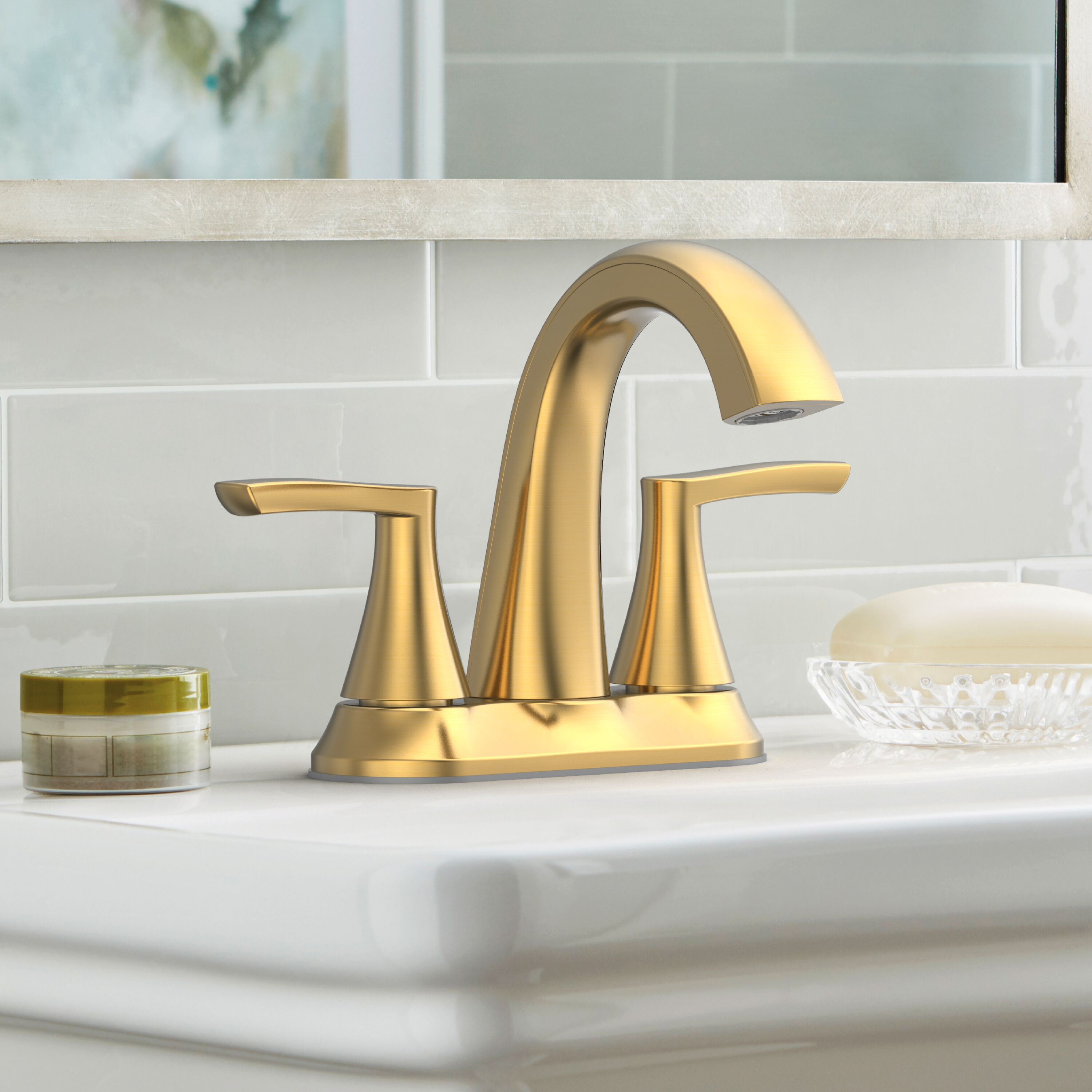 Project Source 67123W-634408 Brushed Gold 4-in centerset 2-handle WaterSense Mid-arc Residential Handle Bathroom Sink Faucet with Drain with Deck Plate