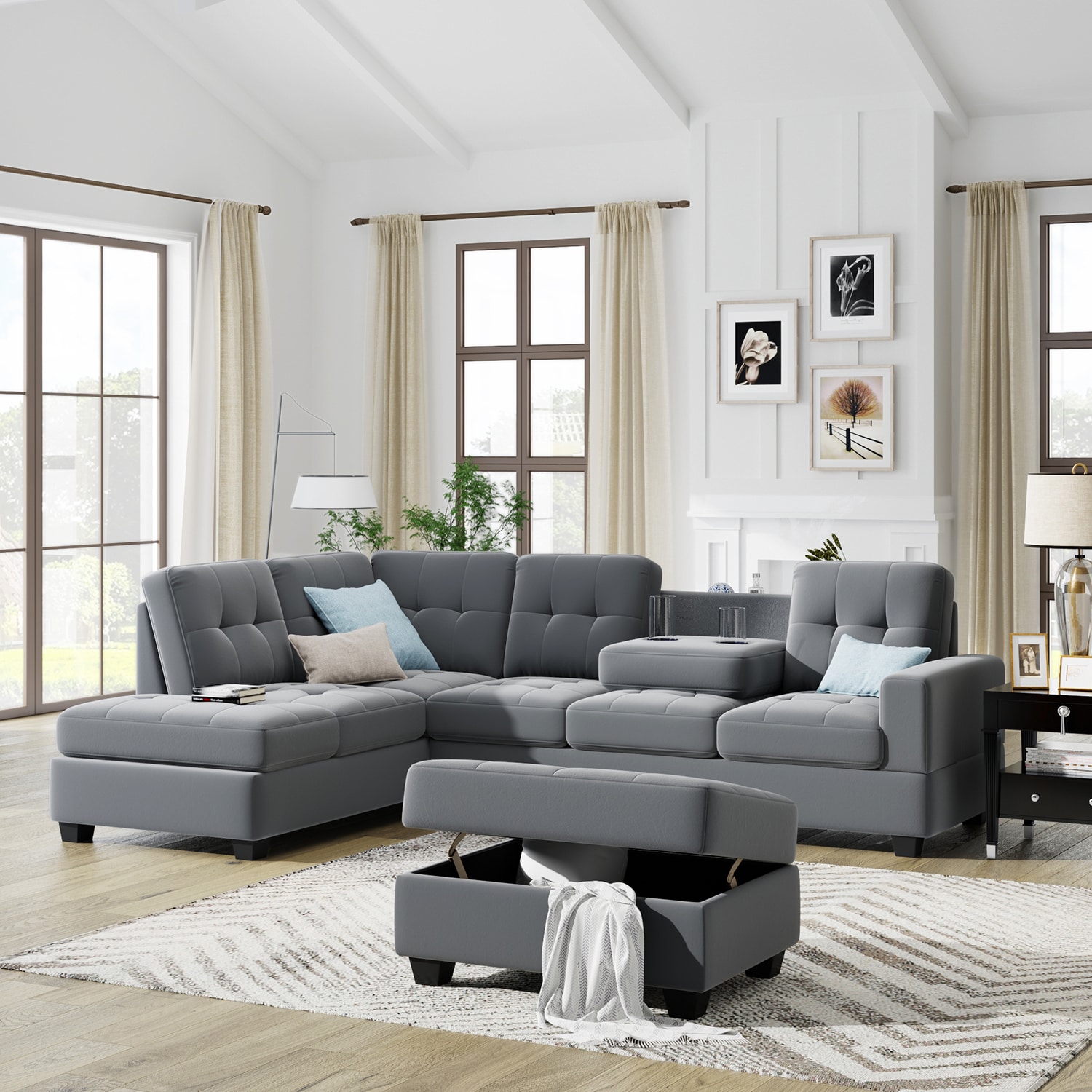 GZMR GZ-N7S1348E Sectional Sofa with Ottoman and Cup Holders 104-in Modern Gray 6+ -seater Reclining Sofa