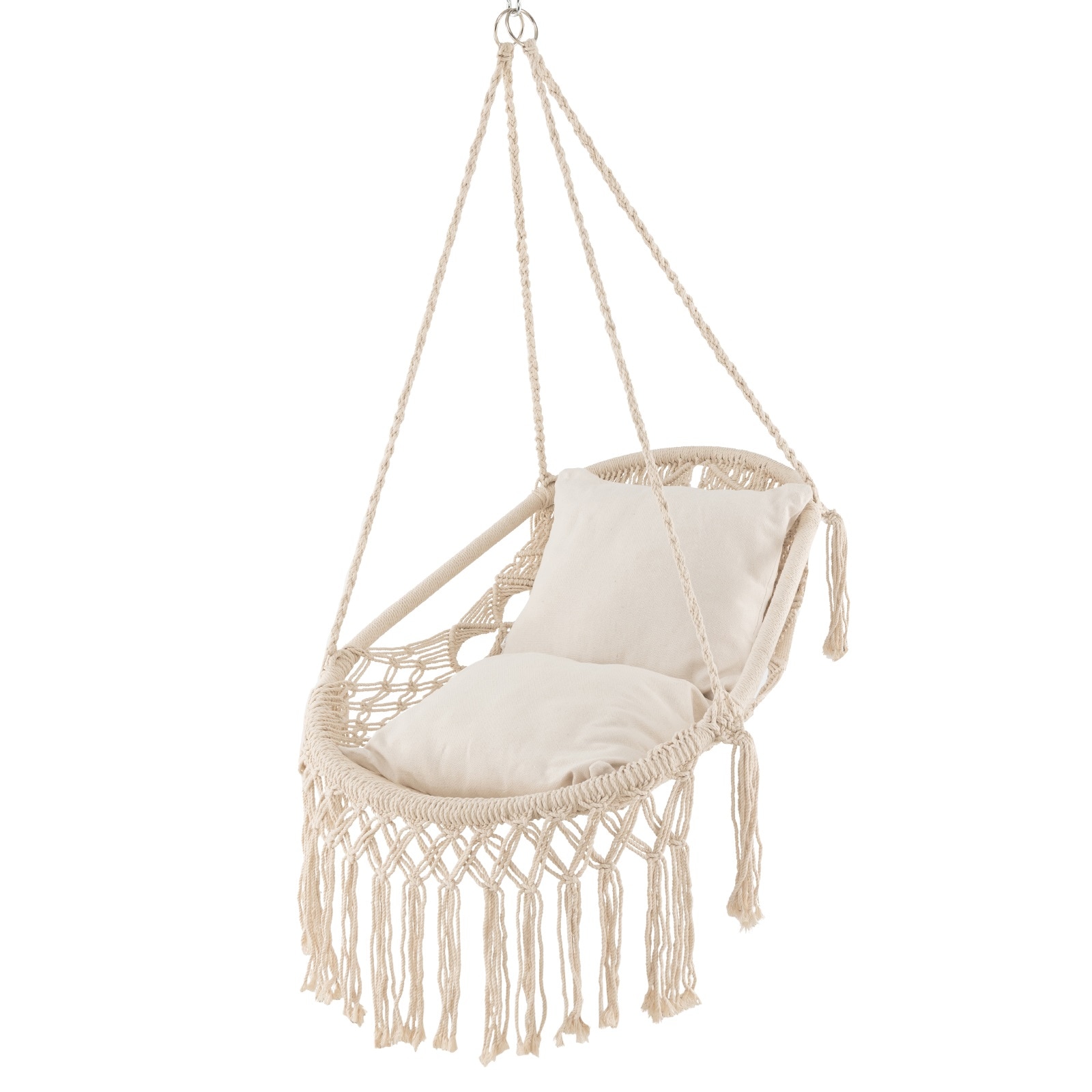 Slickblue D-CO-EB12211PN Macrame Hammock Chair with Cushions - Outdoor Beige Modern Hanging Chair (Stand Not Included) – Soft Cushions Elegant Tassels for Living Room Porch or Balcony