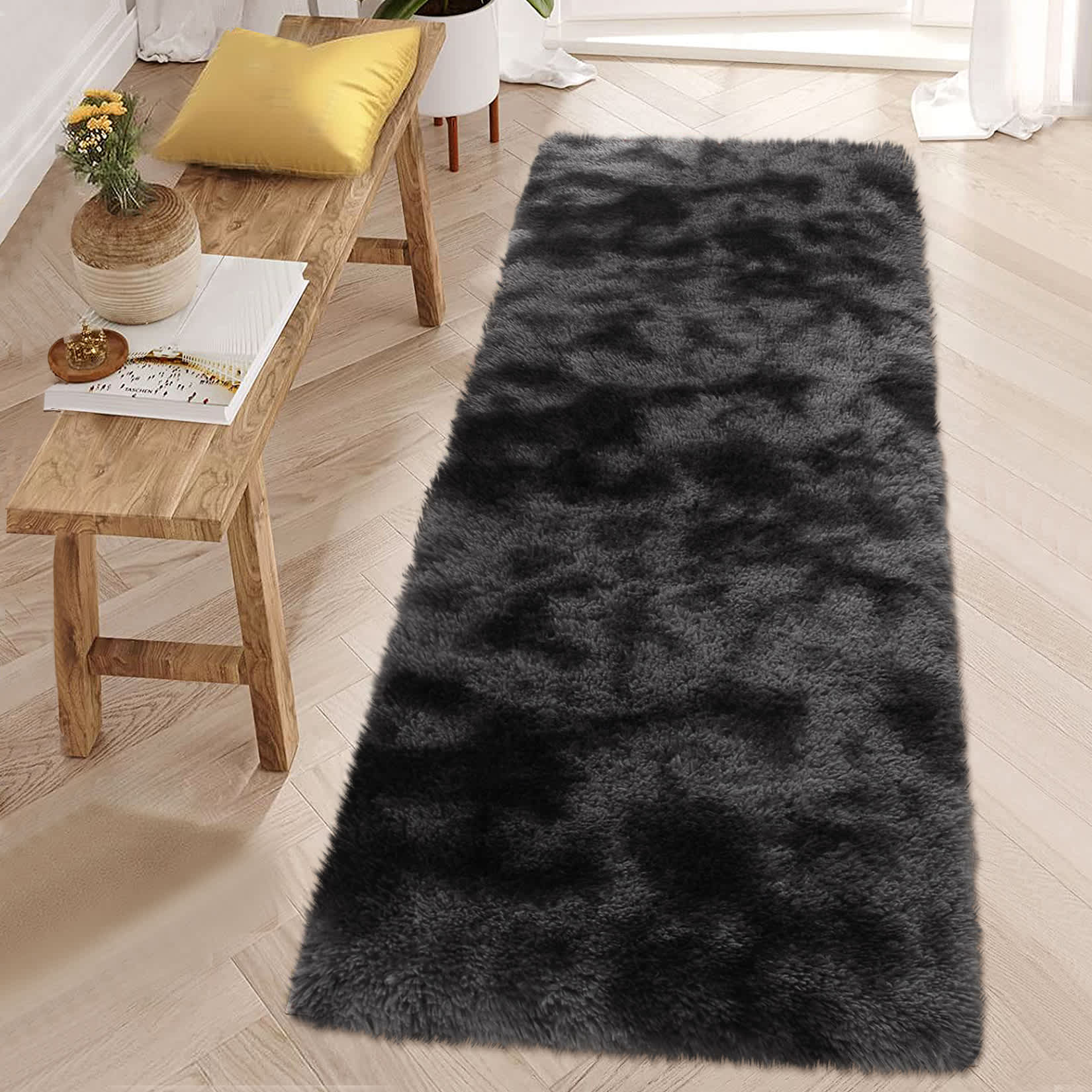 Qeetex SUNNY-PHO-0PW2FI8B 2 x 6 ft Polyester Tie-dye Black Grey Rectangular Indoor Solid Modern Fluffy Soft Non Slip Runner Rug