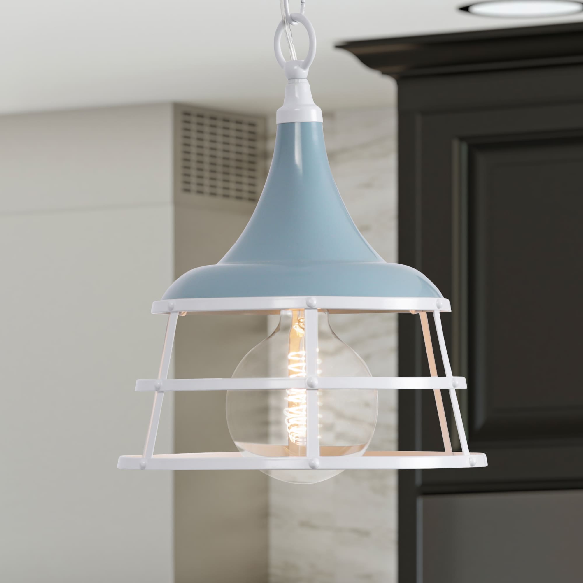 Coastal Blue Farmhouse 12" Mini-Pendant with Aged Brass Accents