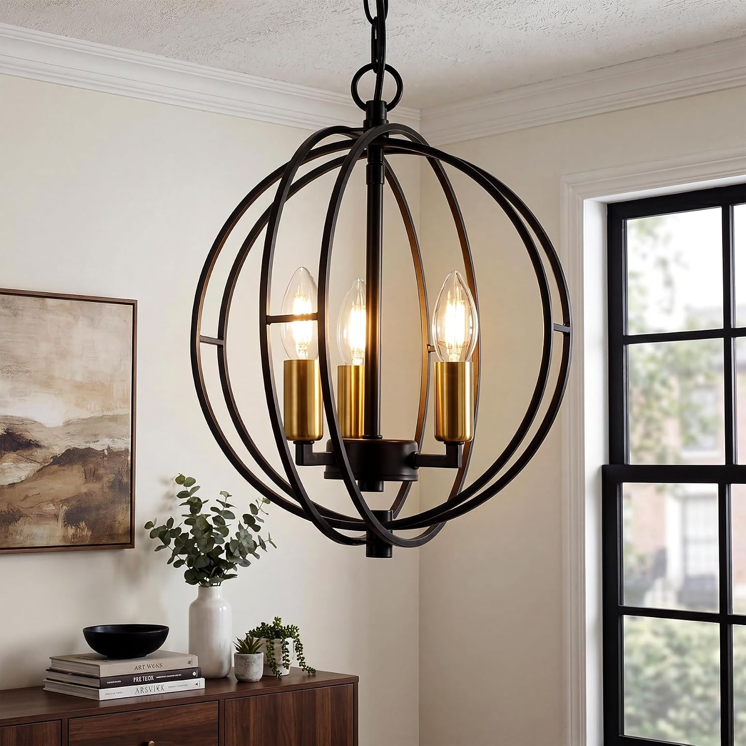LITTLE TREE Black Metal 3-Light Farmhouse Chandelier with Industrial Globe Pendant Lights Adjustable Hanging Height for Kitchen Island Dining Room Foyer Entryway