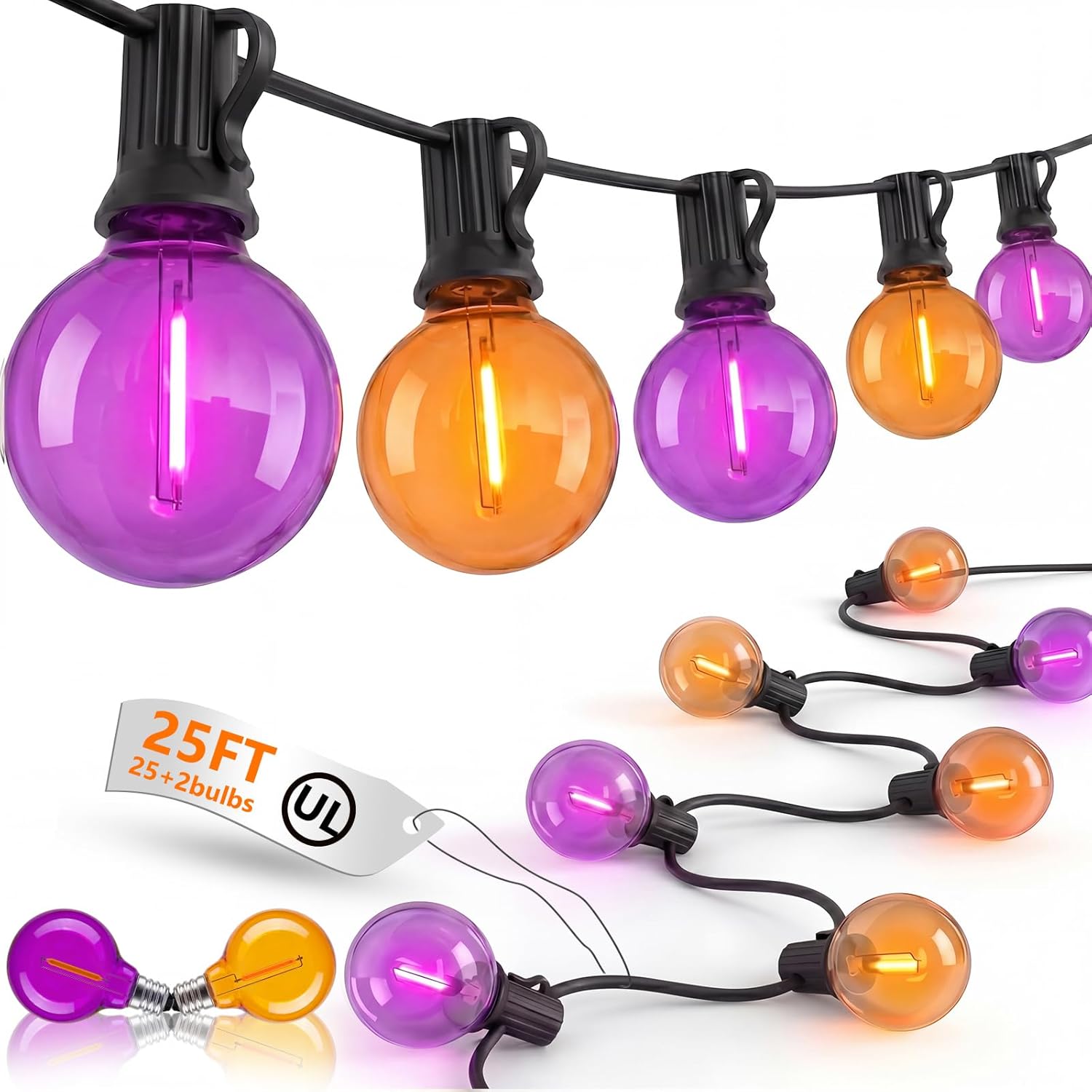 ZHANYIGY 25FT G40 LED Outdoor Halloween String Lights Orange and Purple Halloween Decorations Lights with 27 Shatterproof Globe Bulbs(2 Spare) Hanging Patio Lights for Holiday Balcony Backyard Party Garden