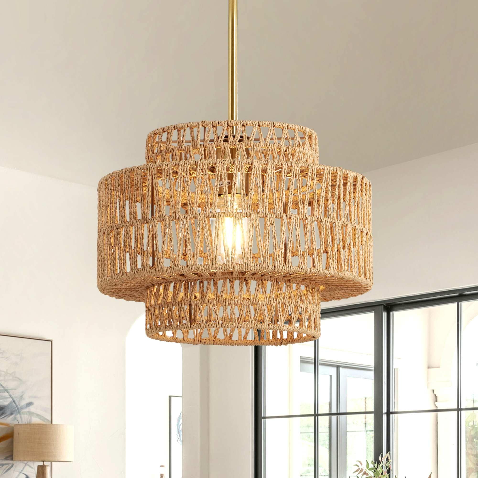 JCFL 12.6 Inch Woven Boho Rattan Chandelier Light Lamp for Living and Kitchen