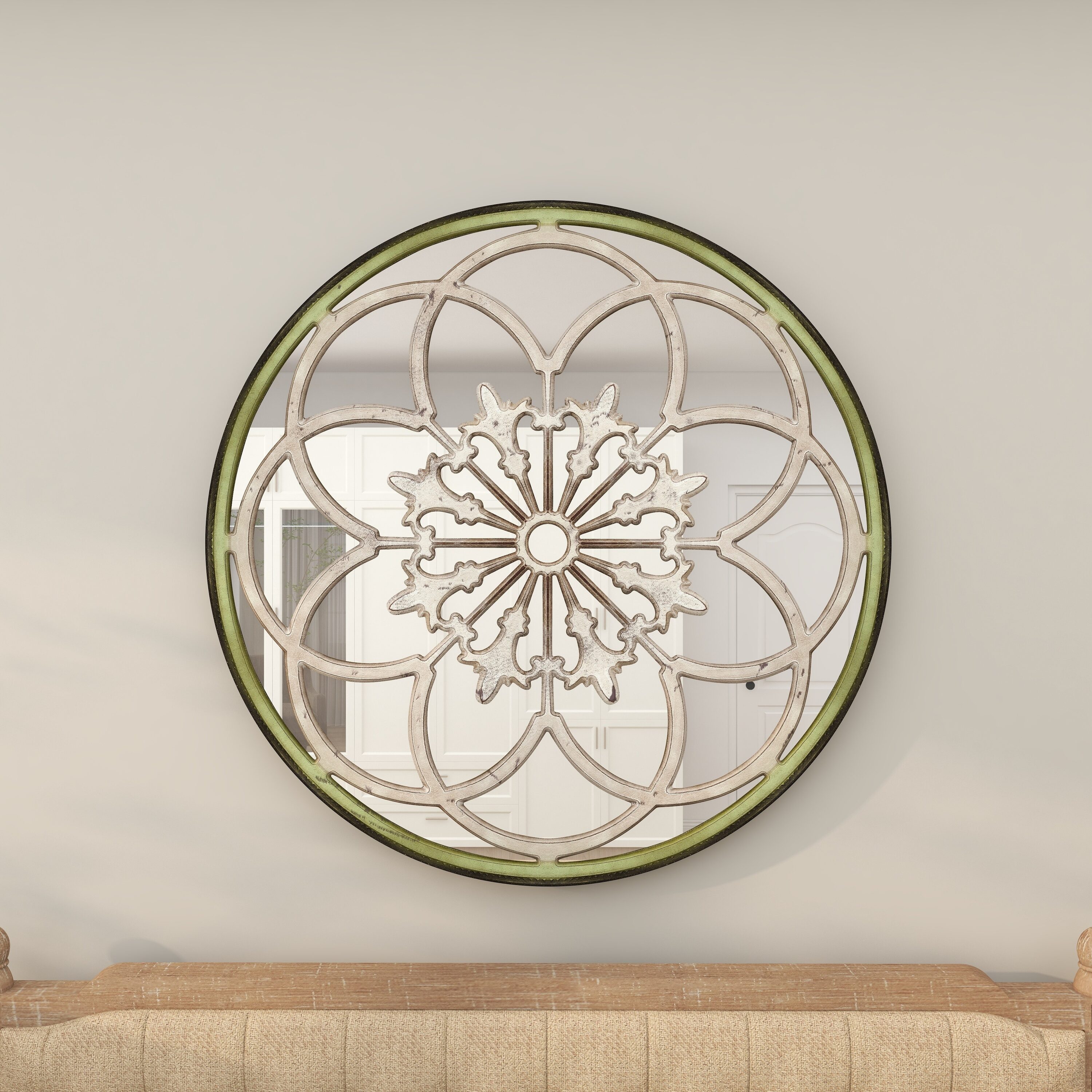Vintage White Floral Medallion Round Wall Mirror