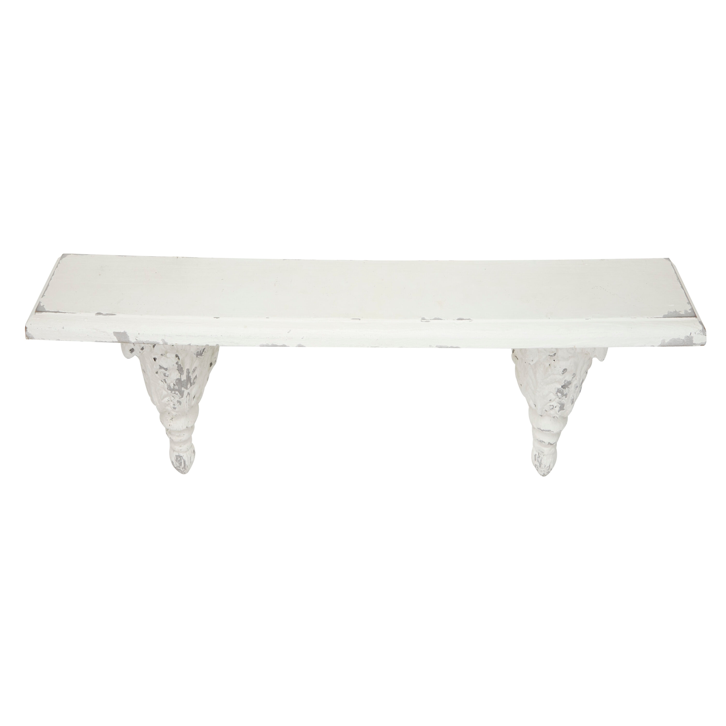 39" White Wood Floating Wall Shelf with Decorative Carvings