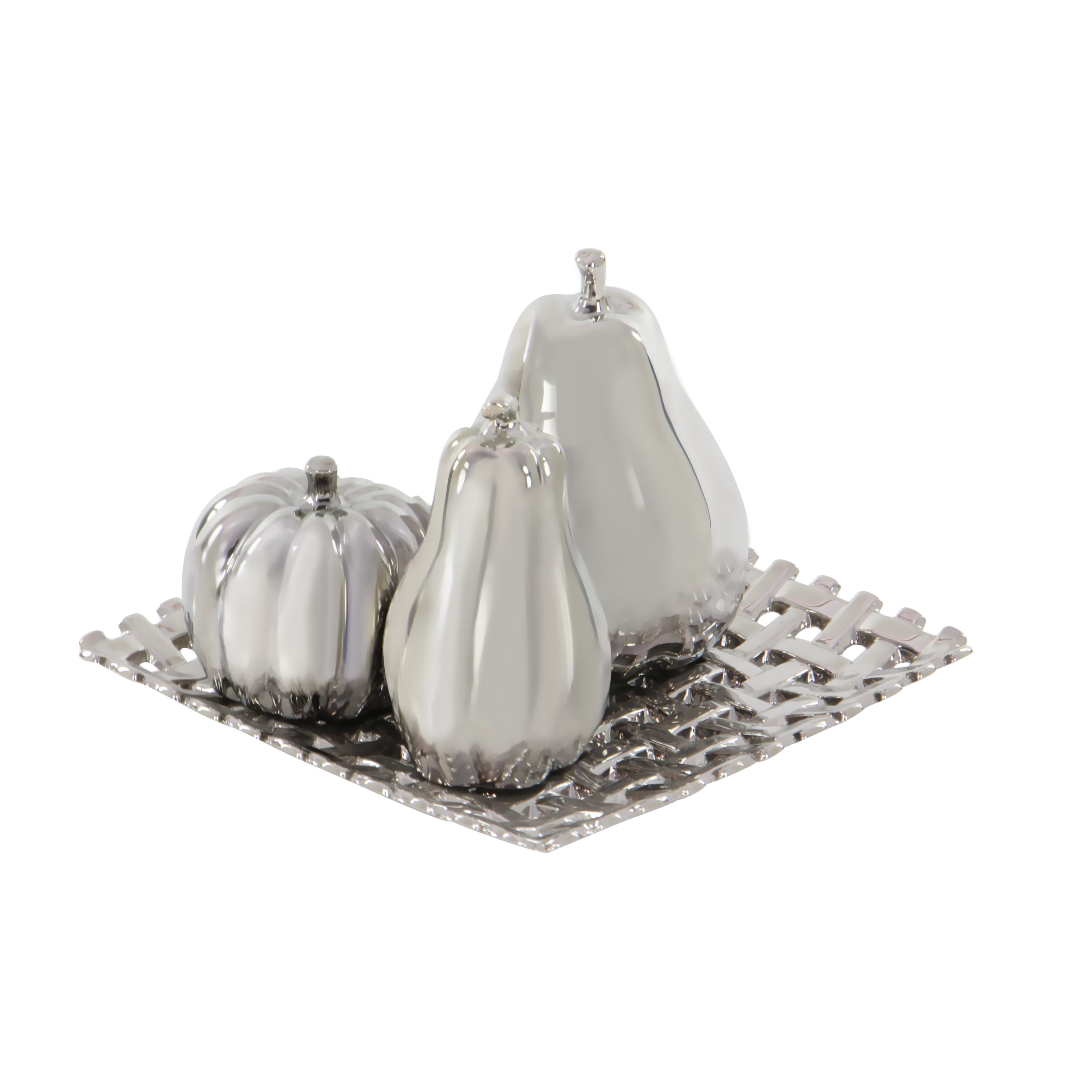 Silver Ceramic Fall Fruit Sculpture Set with Decorative Grid Plate