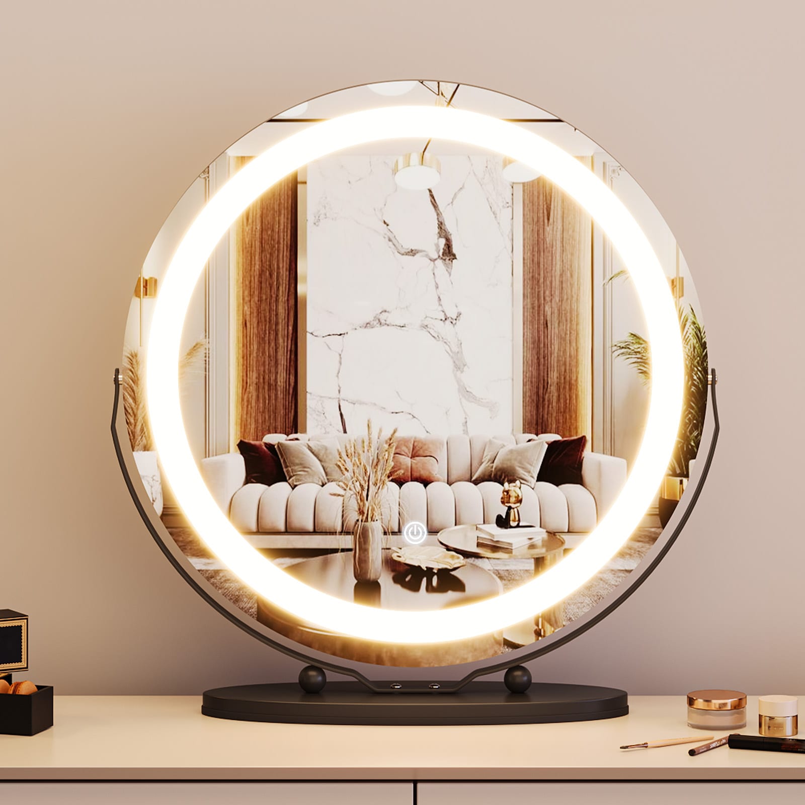 Garvee Modern Vanity Mirror with LED Lights 19Inch Black Round Makeup Mirror 3 Color Dimmable Touch 360 Rotation Adjustable Brightness Tabletop Bathroom Easy Assembly Round 19Inch LED Strip Black