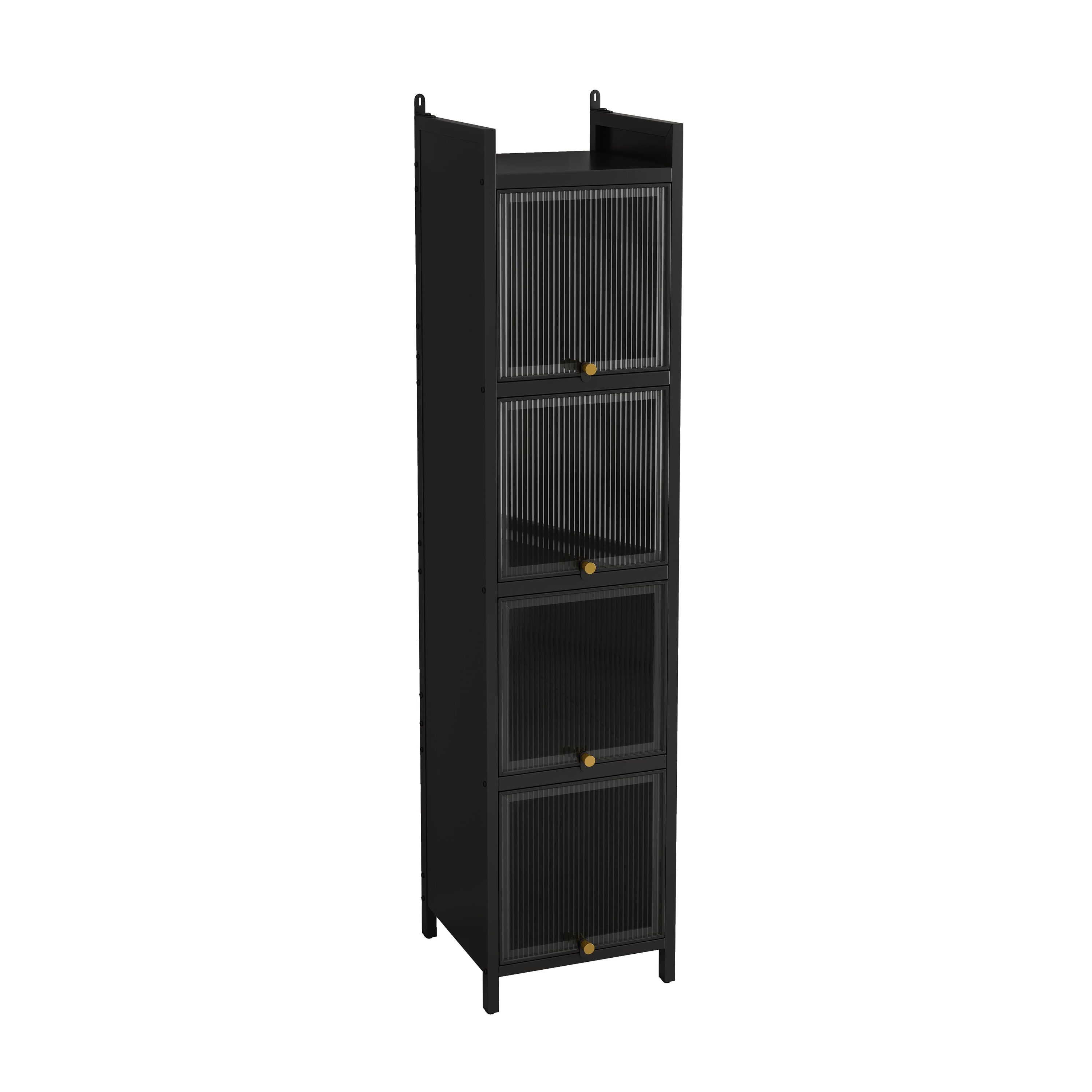 Vynxaria  14 in W x 14 in D x 61 in H Black Iron Bathroom Storage Cabinets with Glass Doors 5 Tier Shelves Fluted Glass Floor Pads 1 Pack