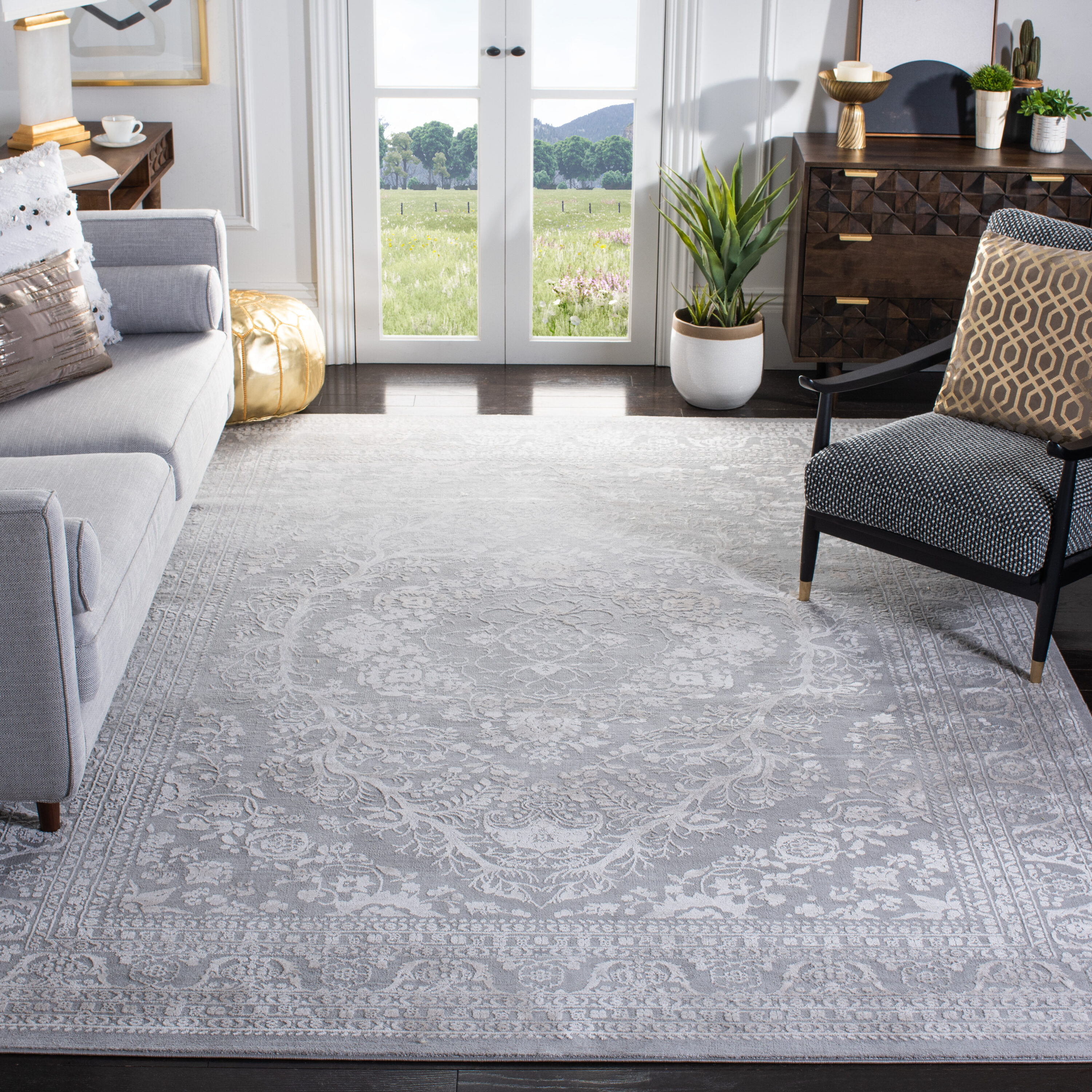 Reflection 9 x 12 (ft) Loomed Polyester/Polypropylene Light Gray/Cream Rectangular Indoor Mid-Century Modern Professionally Clean Only Area rug